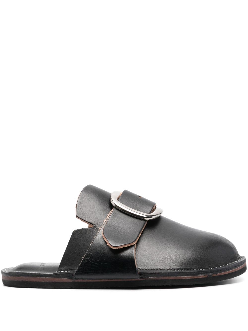 Decorative-buckle leather slippers - Black