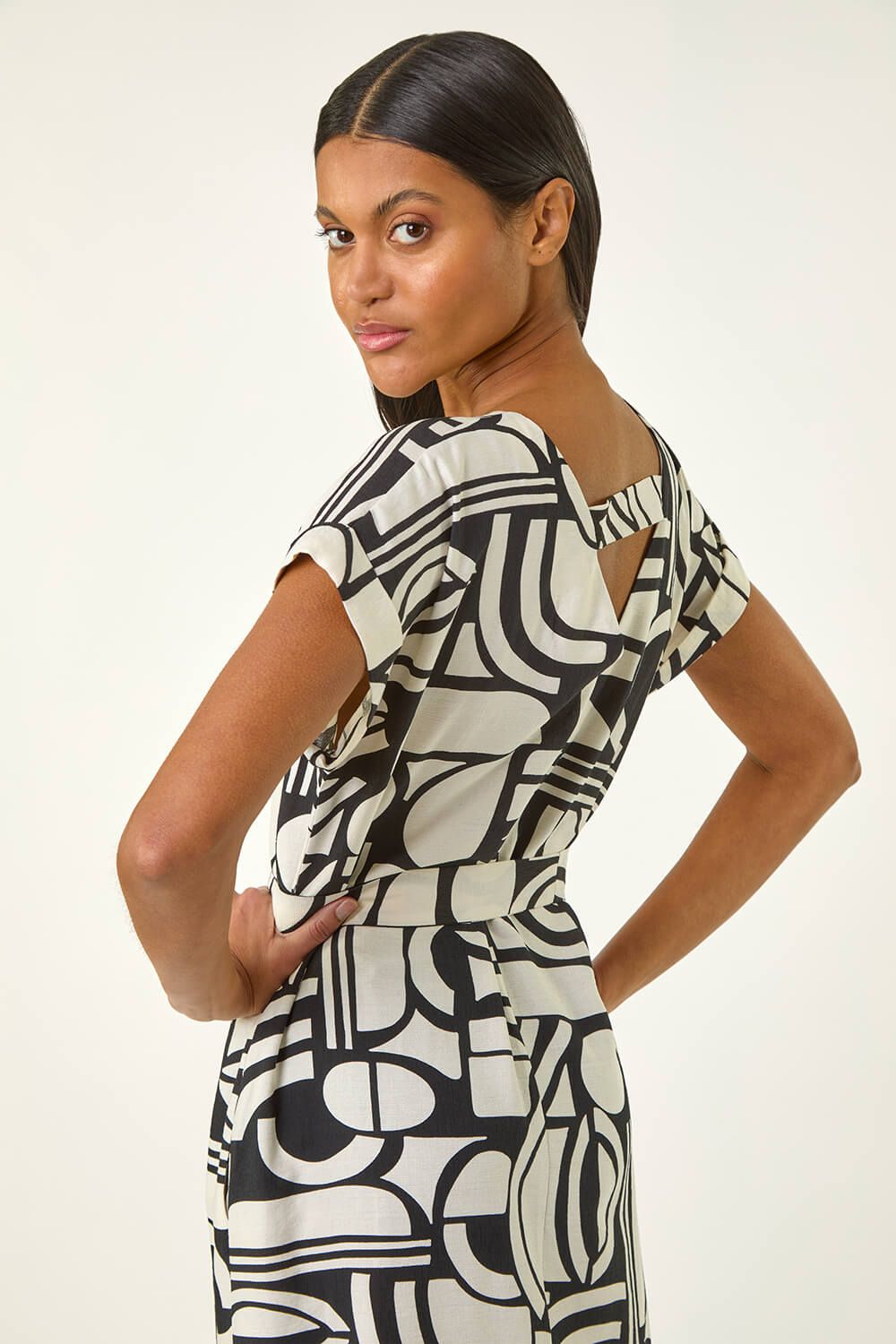 Roman Geometric Textured Midi Dress In Ivory