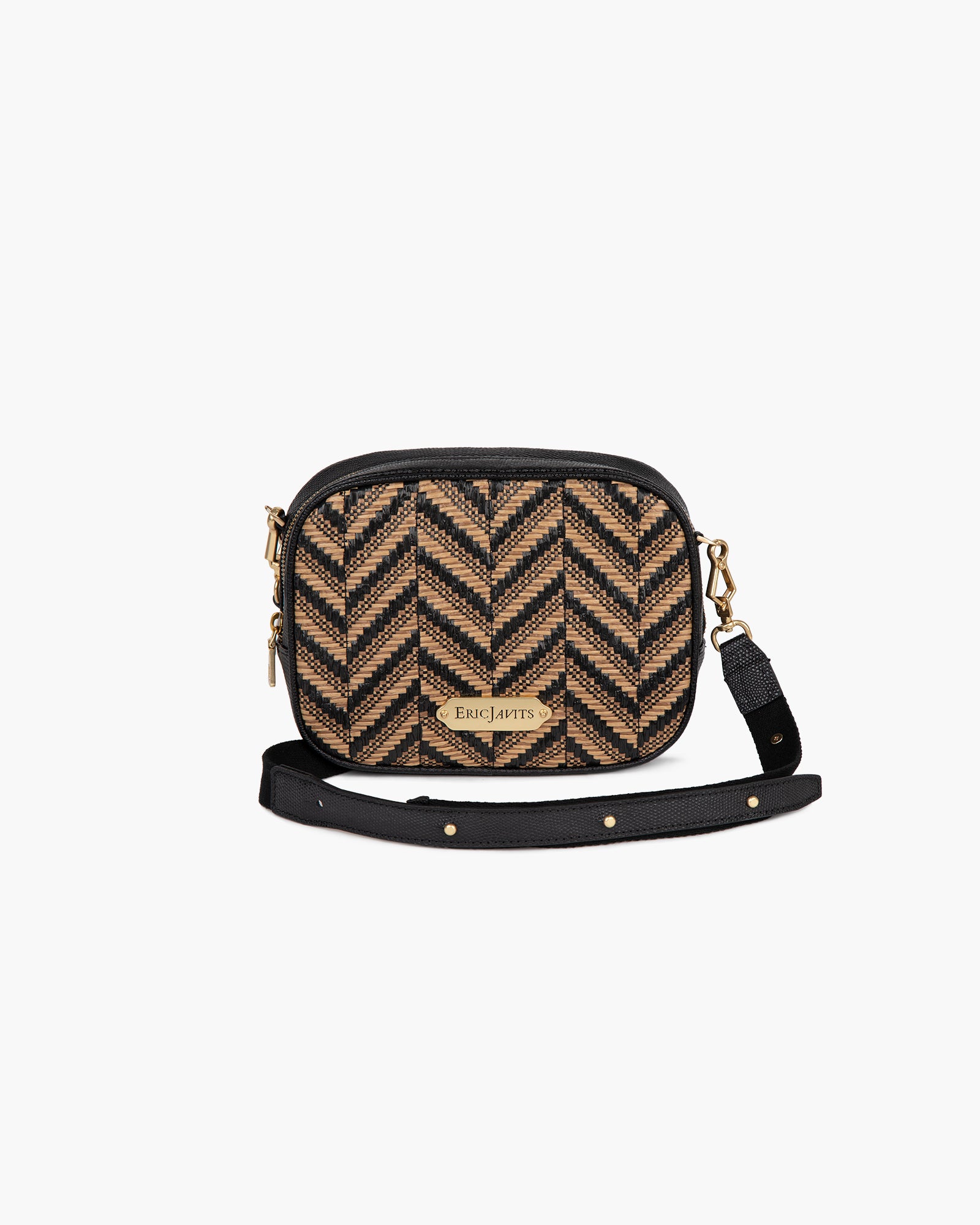 Peanut Calf Leather Zip Pouch for Women - Woven Raffia, Adjustable Strap, Dual Pockets