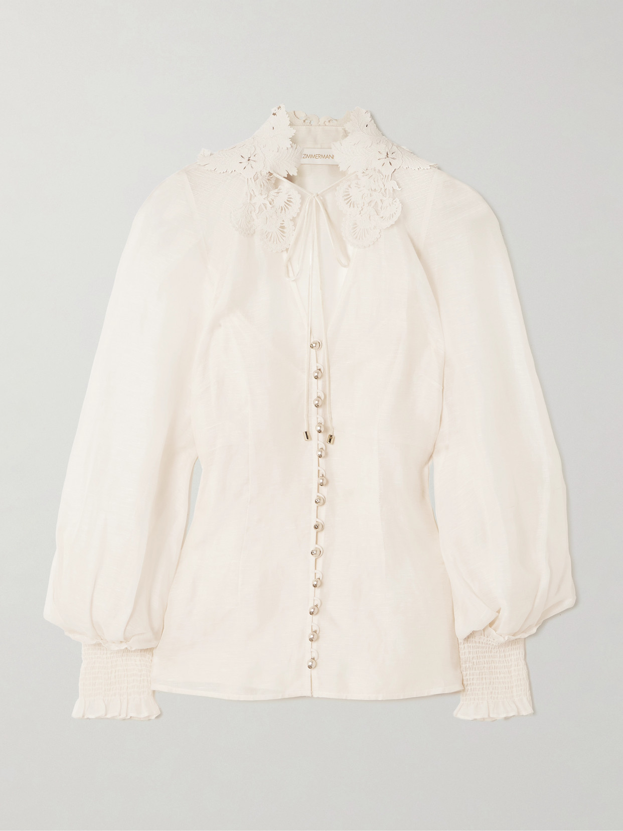 Rebellion Lace-trimmed Gathered Linen And Silk-blend Gauze Blouse - Cream