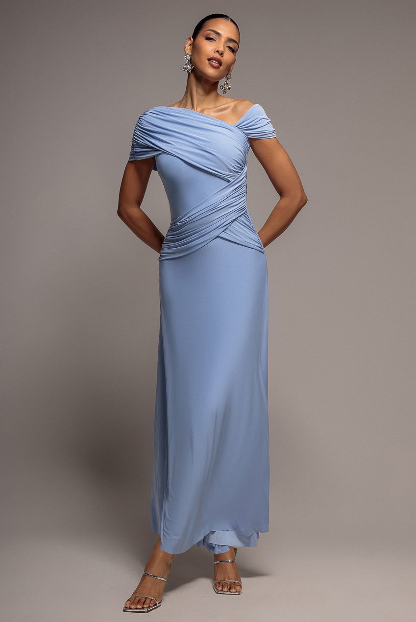 Goddiva Women's Asymmetric Neck Gathered Waist Maxi Dress in Blue