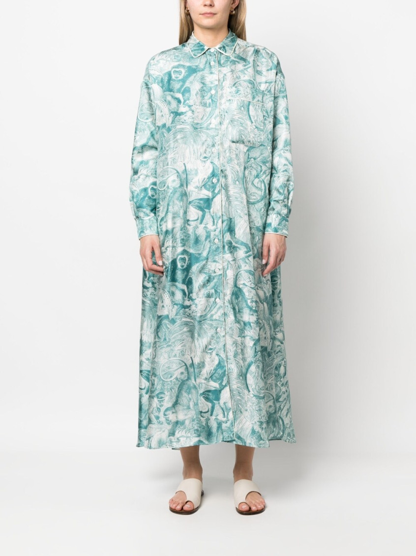 Long Shirt Dress With Monkey Print In Light Blue