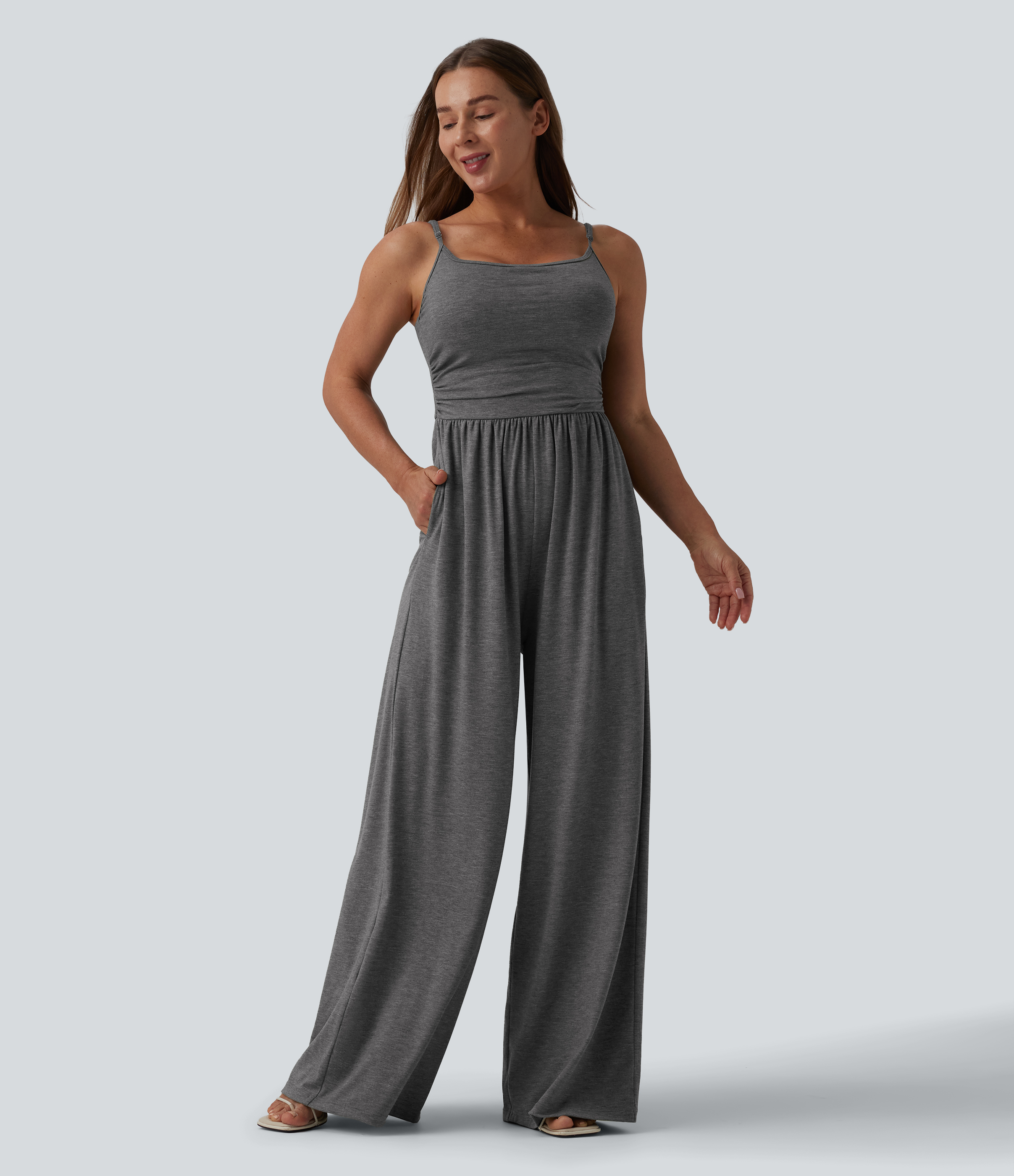Adjustable Straps Ruched Wide Leg Heathered Casual Jumpsuit with Pockets-Easy Peezy  - Darl Gray Floral Yarn