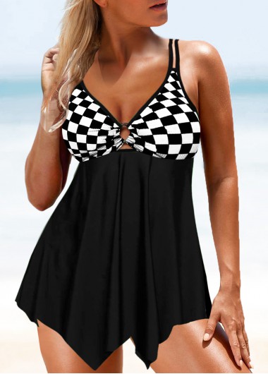 Modlily Asymmetry Plaid Black Tankini Set