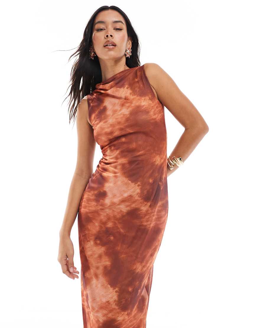 High drape neck maxi dress in rust blurred print-Orange