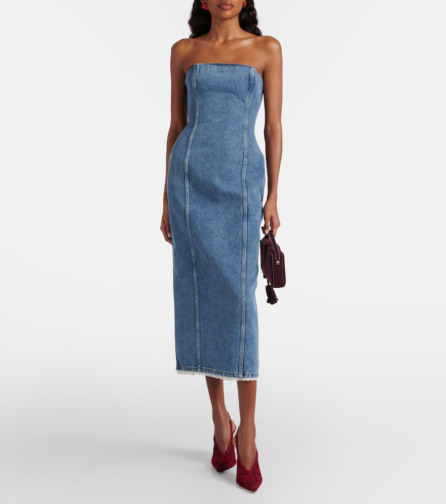 Crochet-trimmed denim midi dress