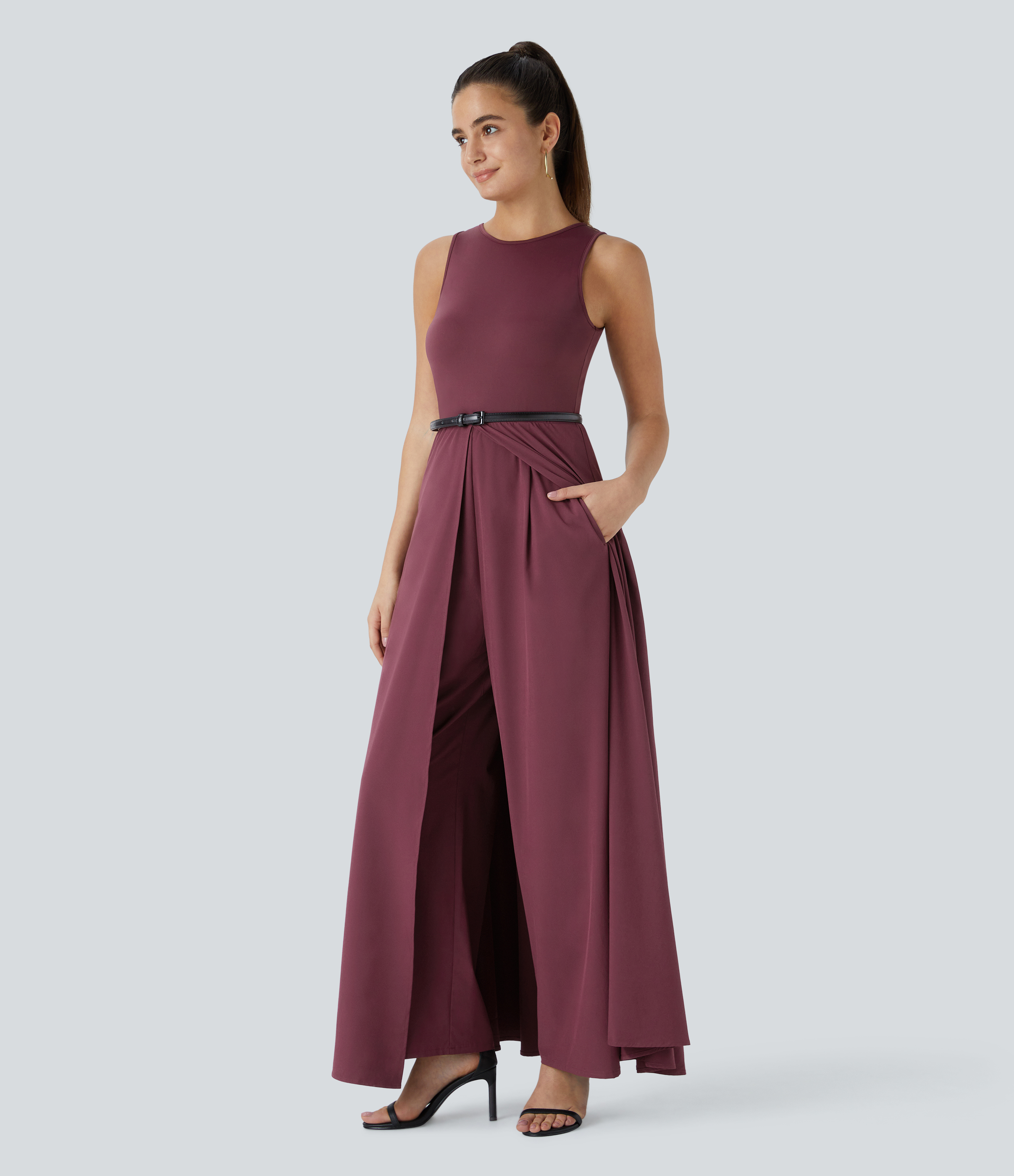 Breezeful™ Zipper Sleeveless Pocket Contrast Quick Dry Jumpsuit  - Amaranth