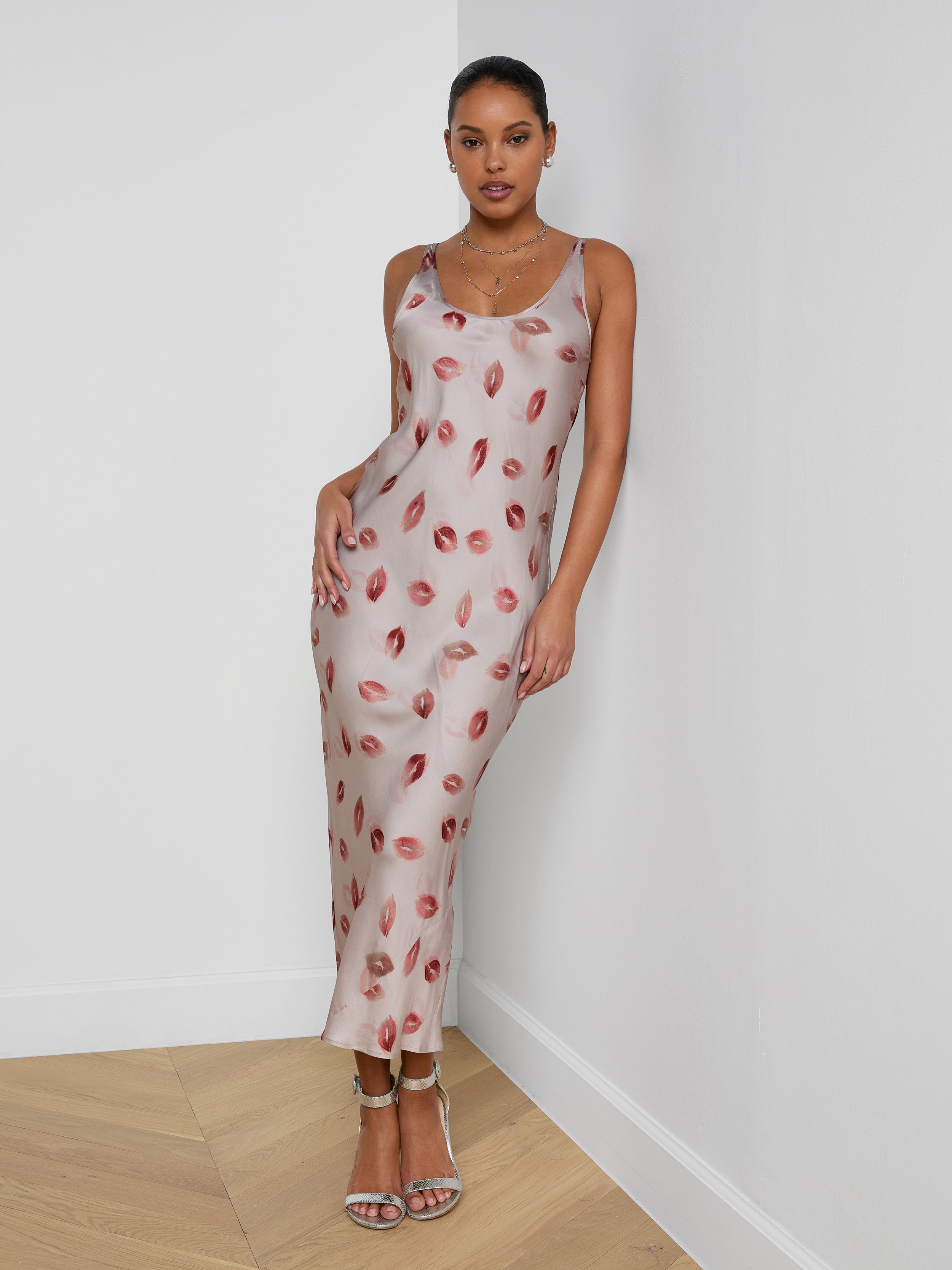Akiya Satin Maxi Dress In Taupe/dark Red Faded Kiss