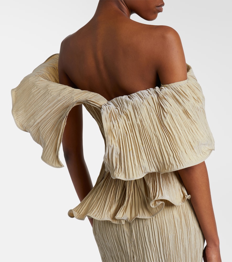 Asymmetric pleated taffeta gown