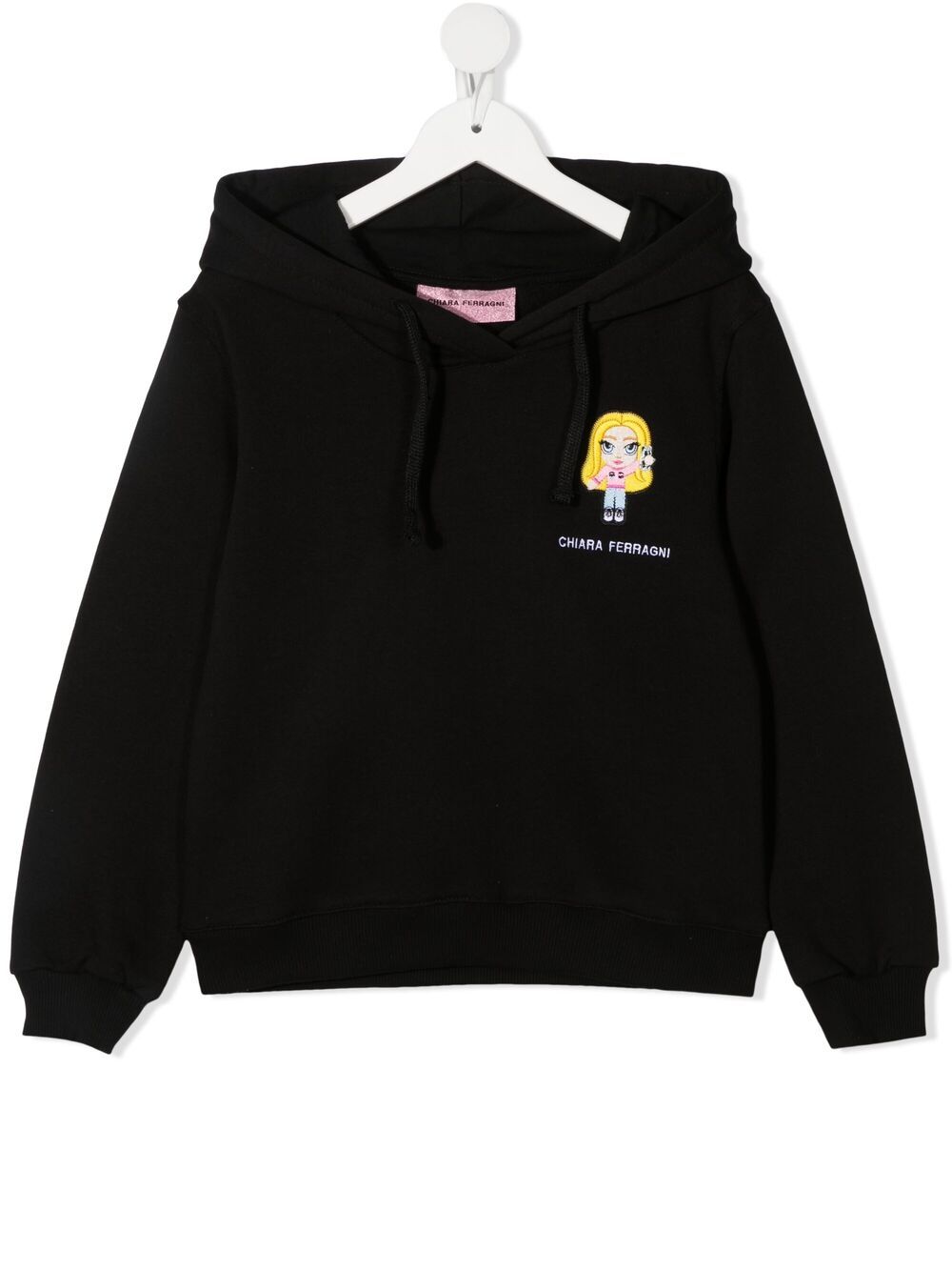 Doll-embroidered cotton hoodie - Black