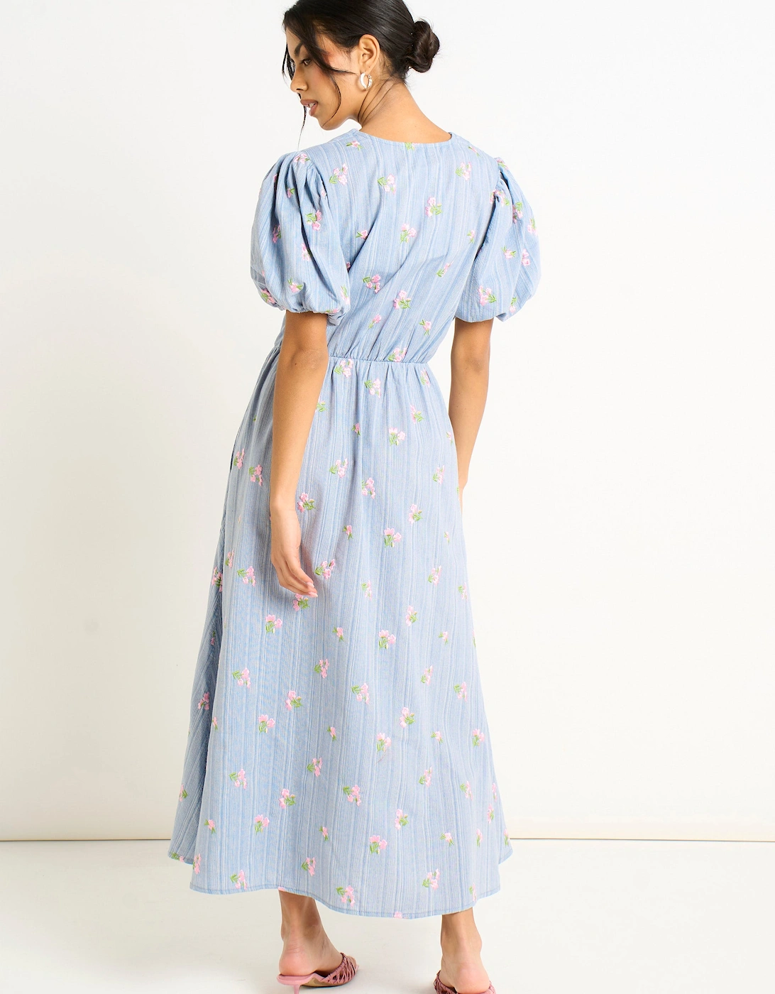 Gini London Women's Blue Cotton Mix Tie Detail Puff Sleeves Midi Dre