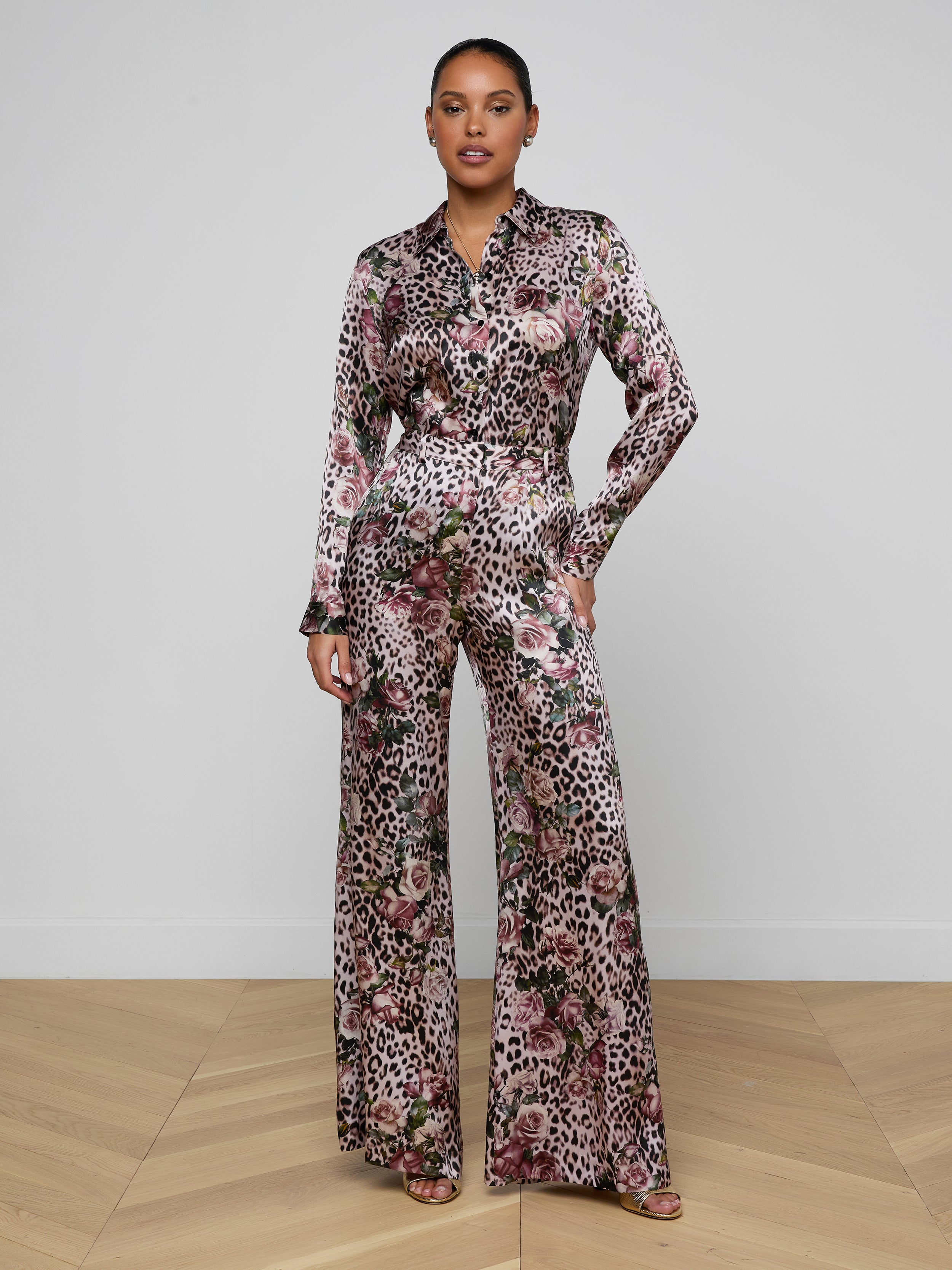 Pilar Silk Wide-Leg Pants In Multi Small Rose Cheetah