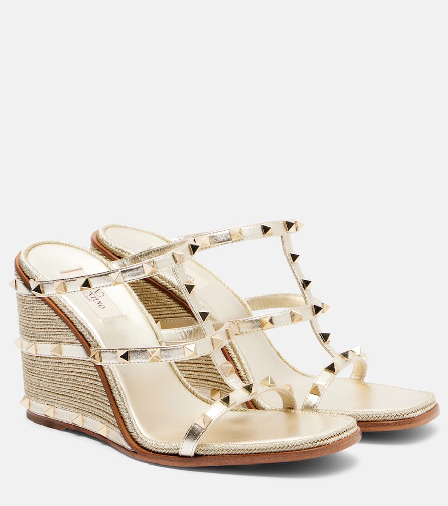Rockstud metallic leather espadrille wedges