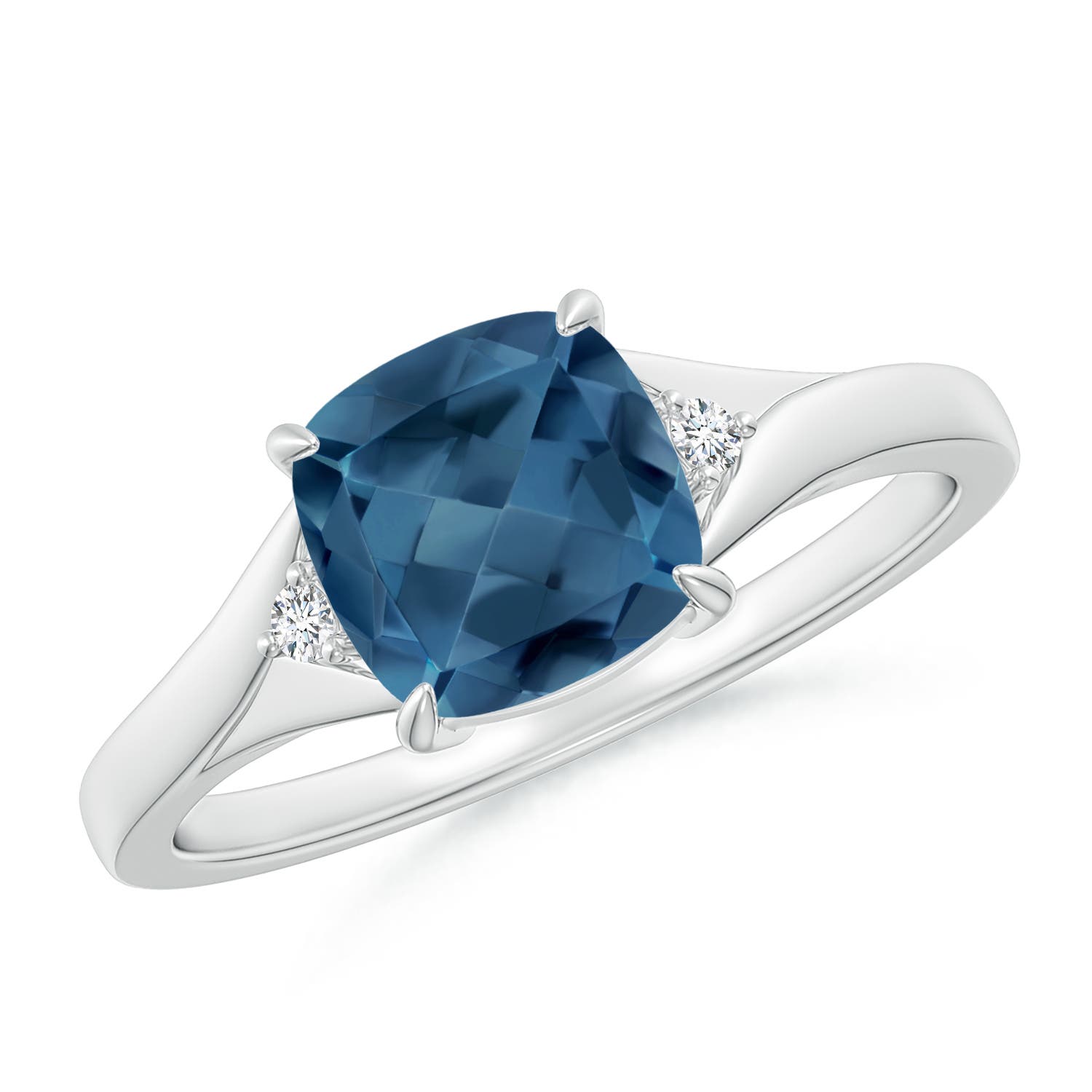 Angara 1.85 Carats Split Shank Cushion London Blue Topaz Solitaire Ring in Platinum