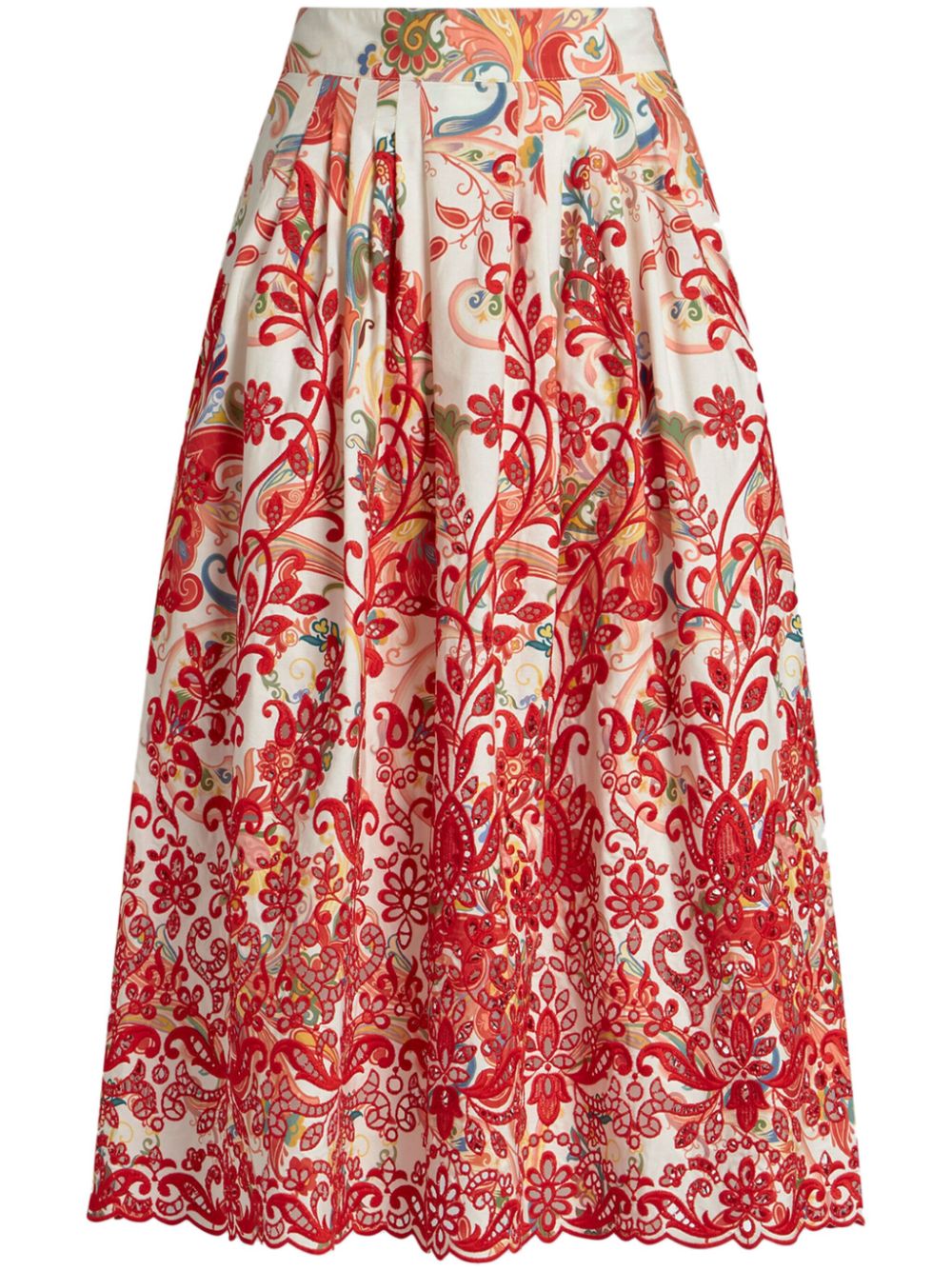 Paisley-pattern embroidered midi skirt - White