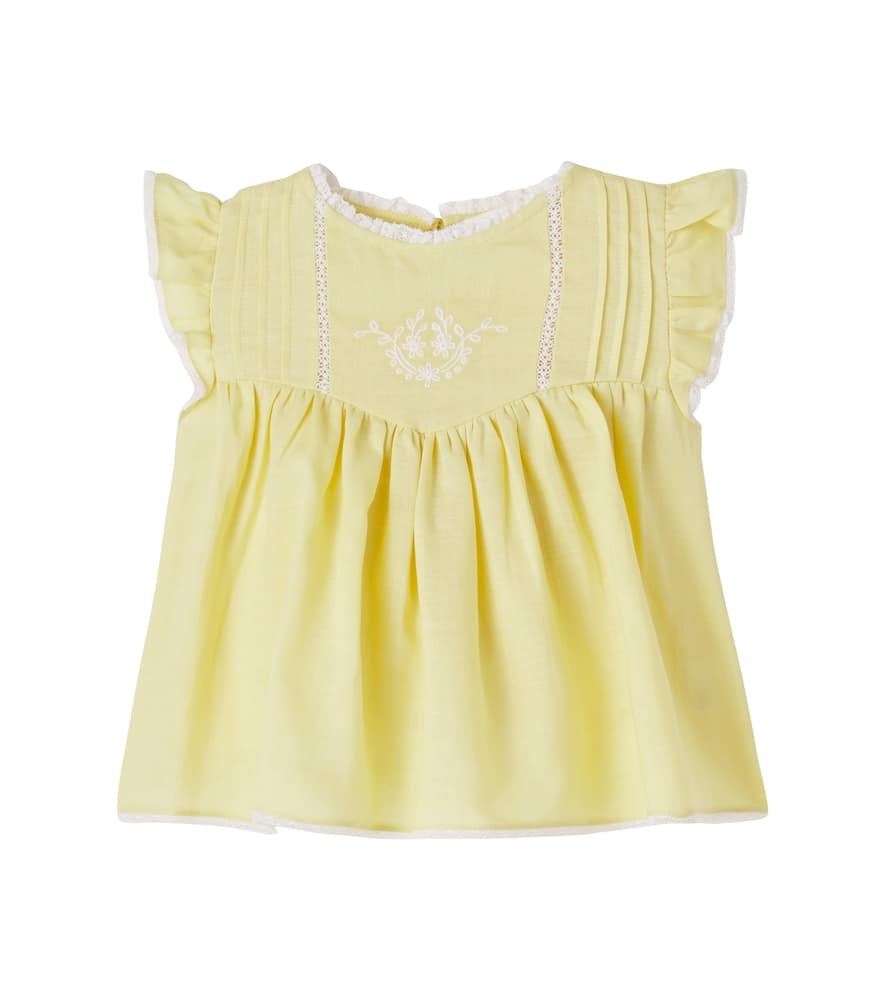 Embroidered lace-trimmed ramie top