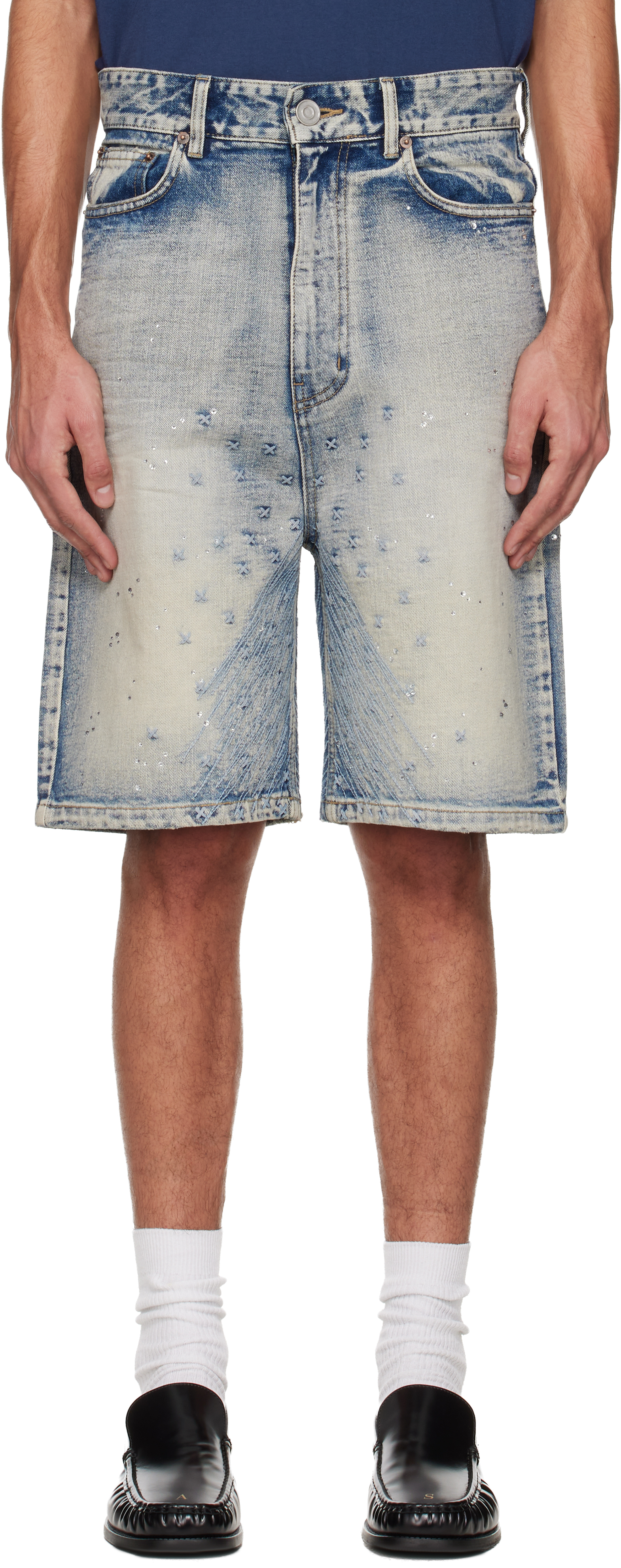 Blue Embroidery Washed Denim Shorts