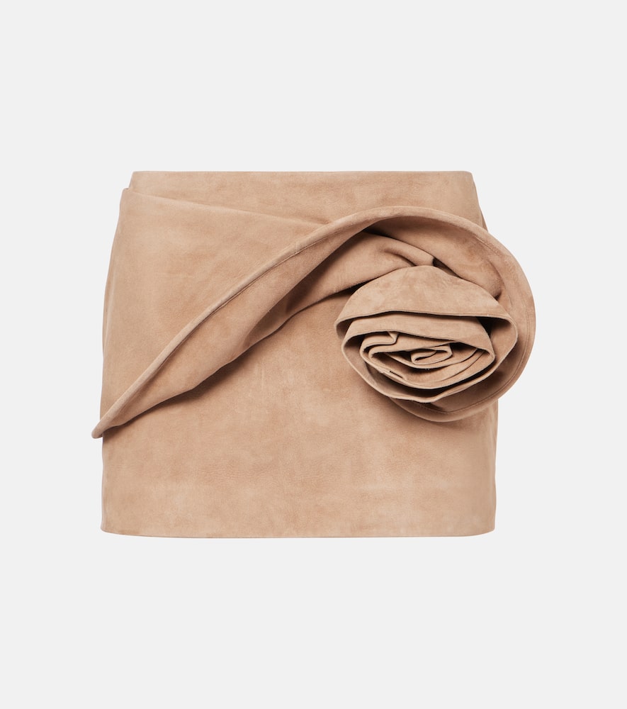Floral-appliqué leather miniskirt