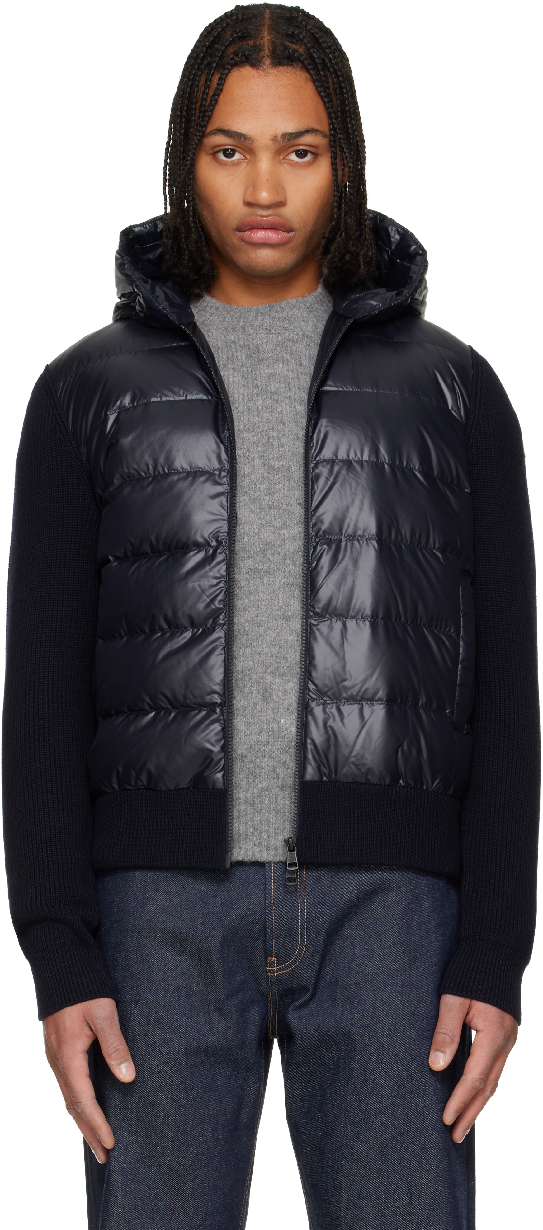 Navy Padded Wool Zip-Up Down Jacket