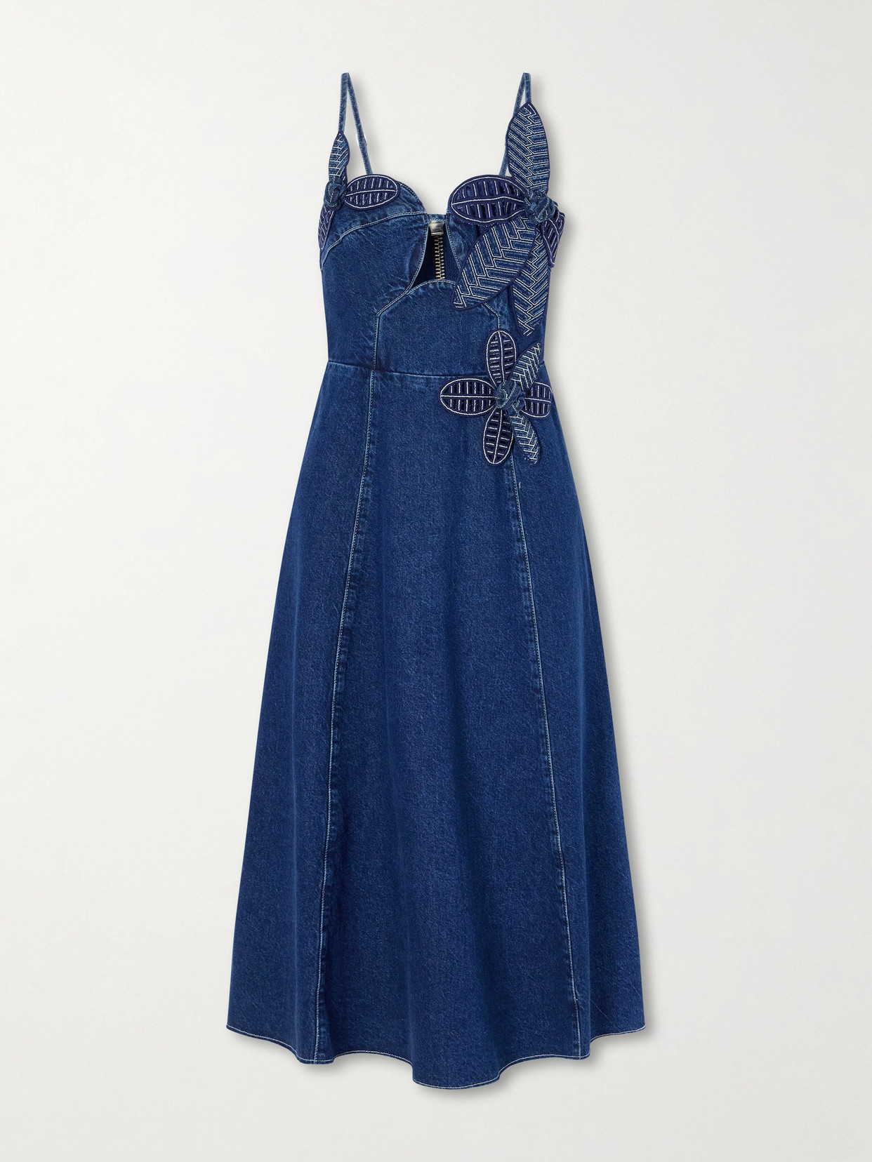 Floral-appliquéd Denim Midi Dress - Blue
