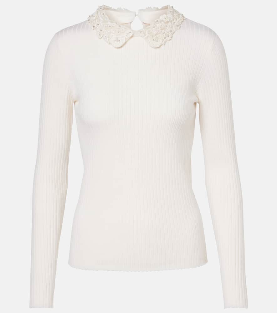 Embellished ribbed-knit wool top
