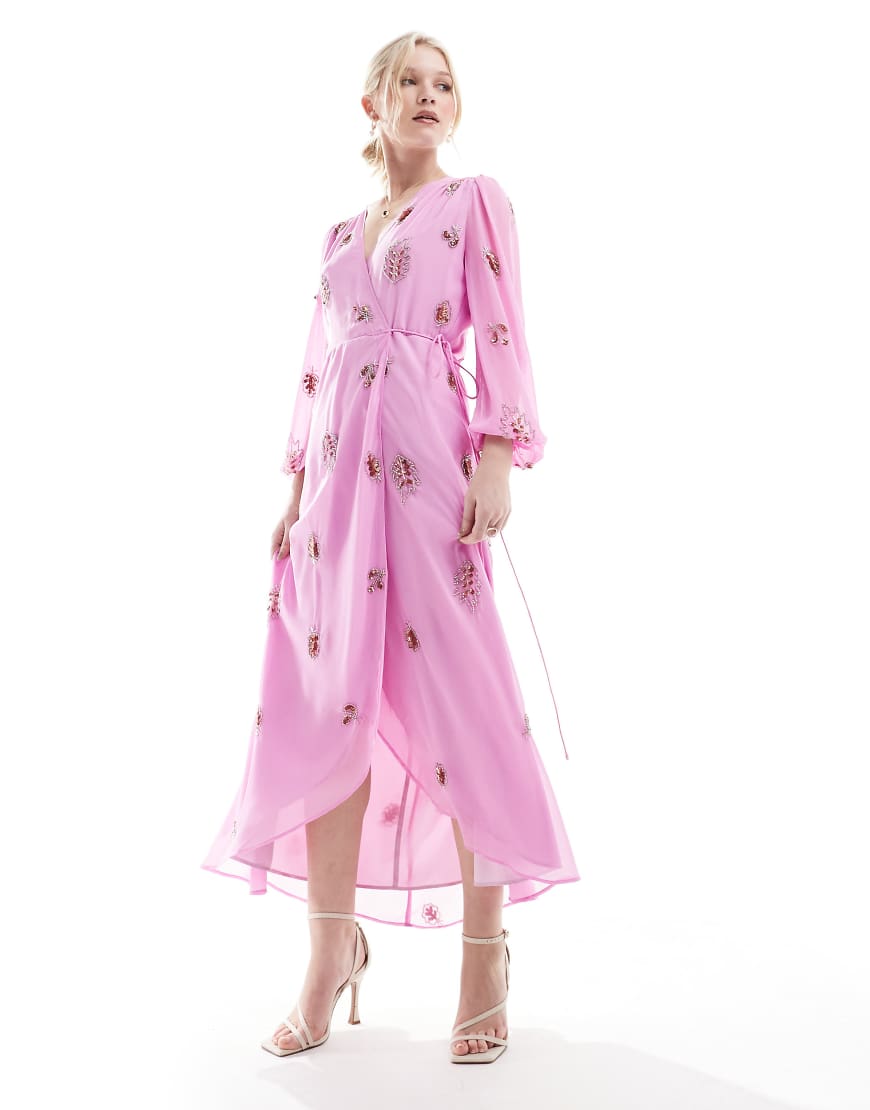 Hope & Ivy embellished wrap dress with tie waist and blouson sleeve in pink