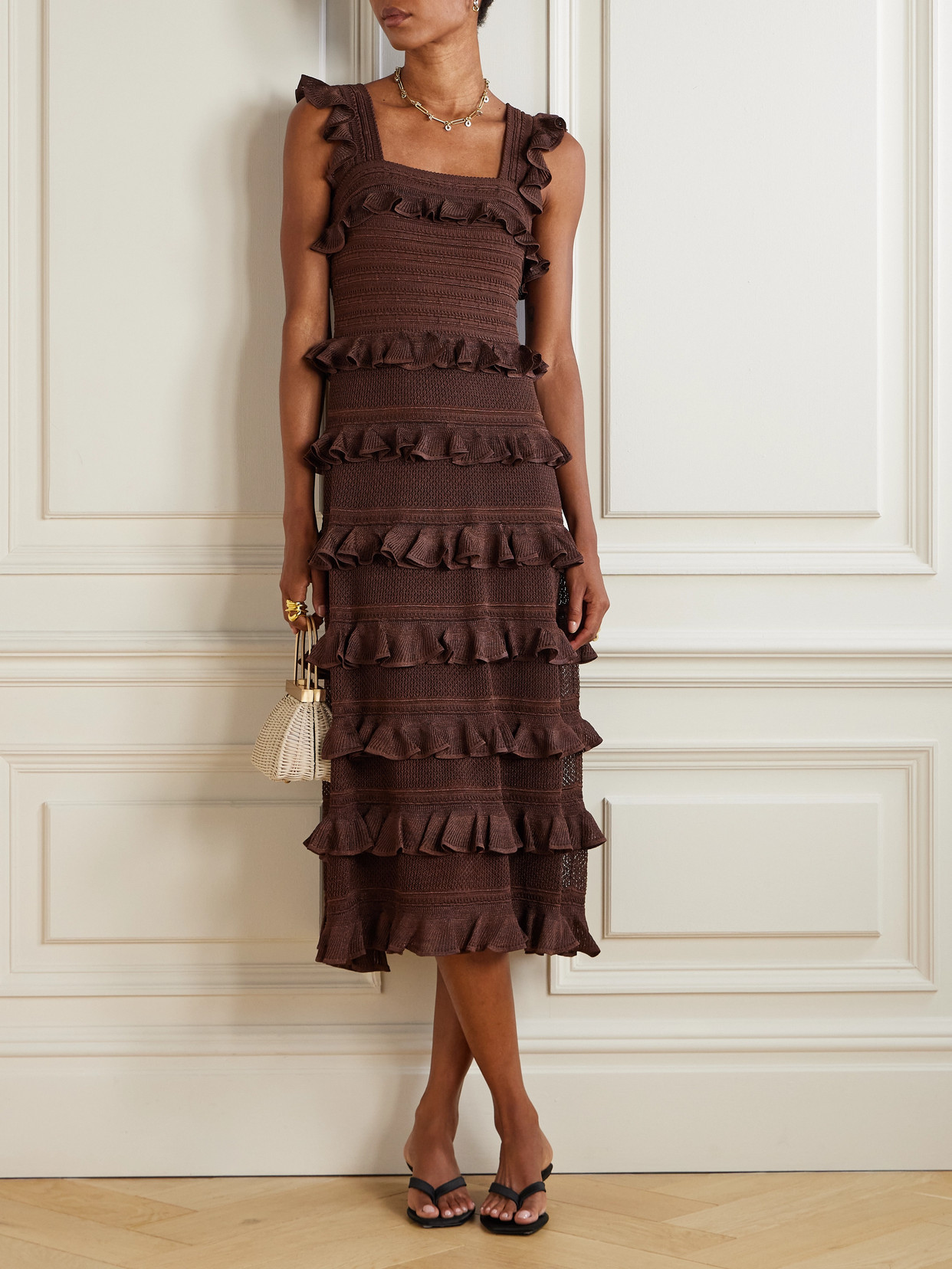 Ruffled Tiered Pointelle-knit Midi Dress - Brown