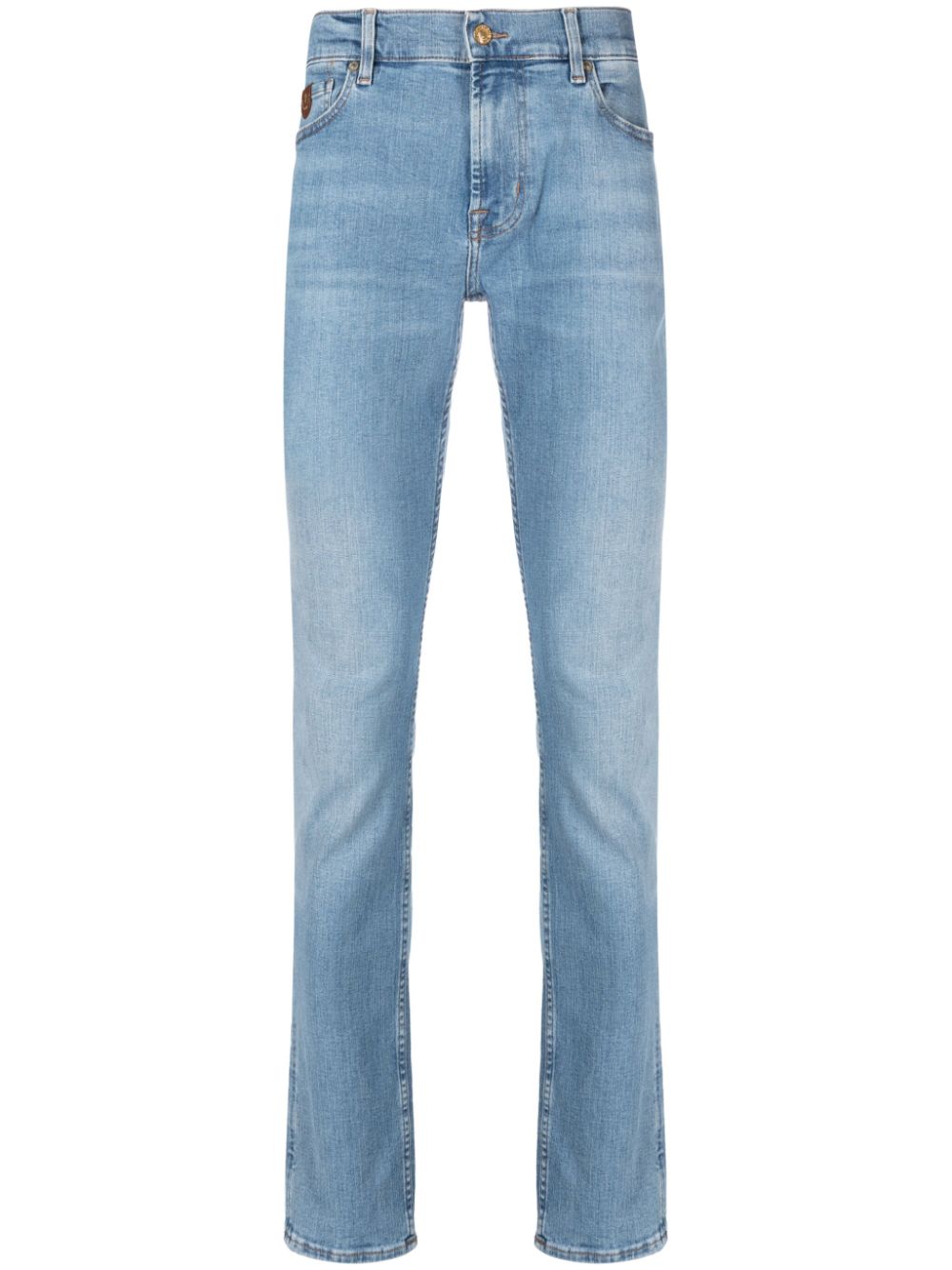 Logo-patch whiskering-effect slim-cut jeans - Blue