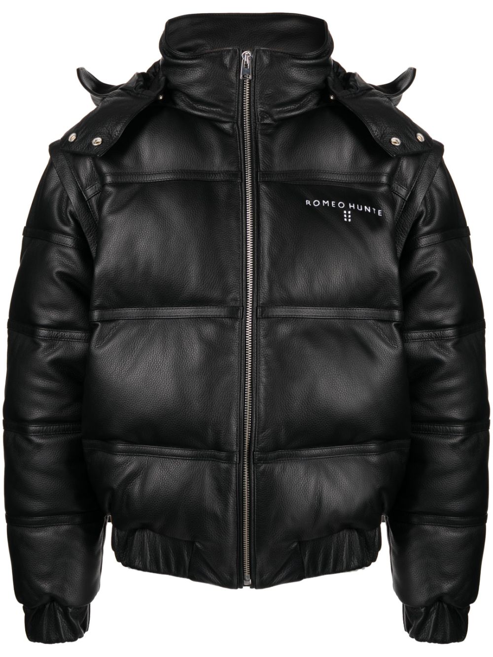 Pebbled-texture leather puffer jacket - Black