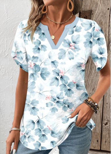 Modlily Light Blue Patchwork Random Floral Print Short Sleeve Blouse