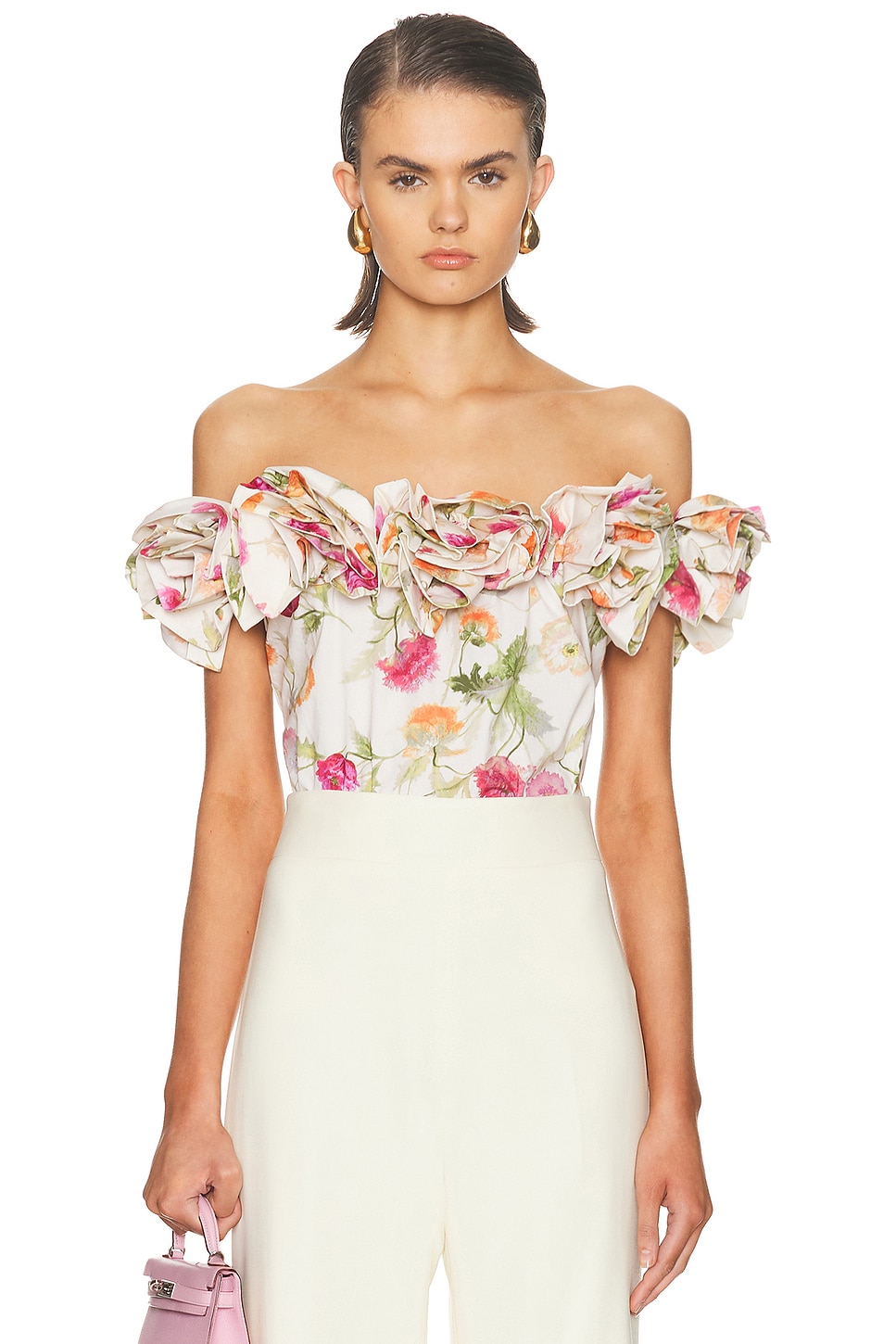 Carolina Herrera Off The Shoulder Flower Top in Almond Multi - White. 2 also