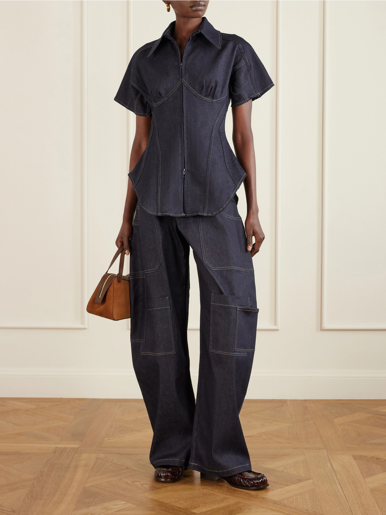 Paneled Denim Blouse - Blue