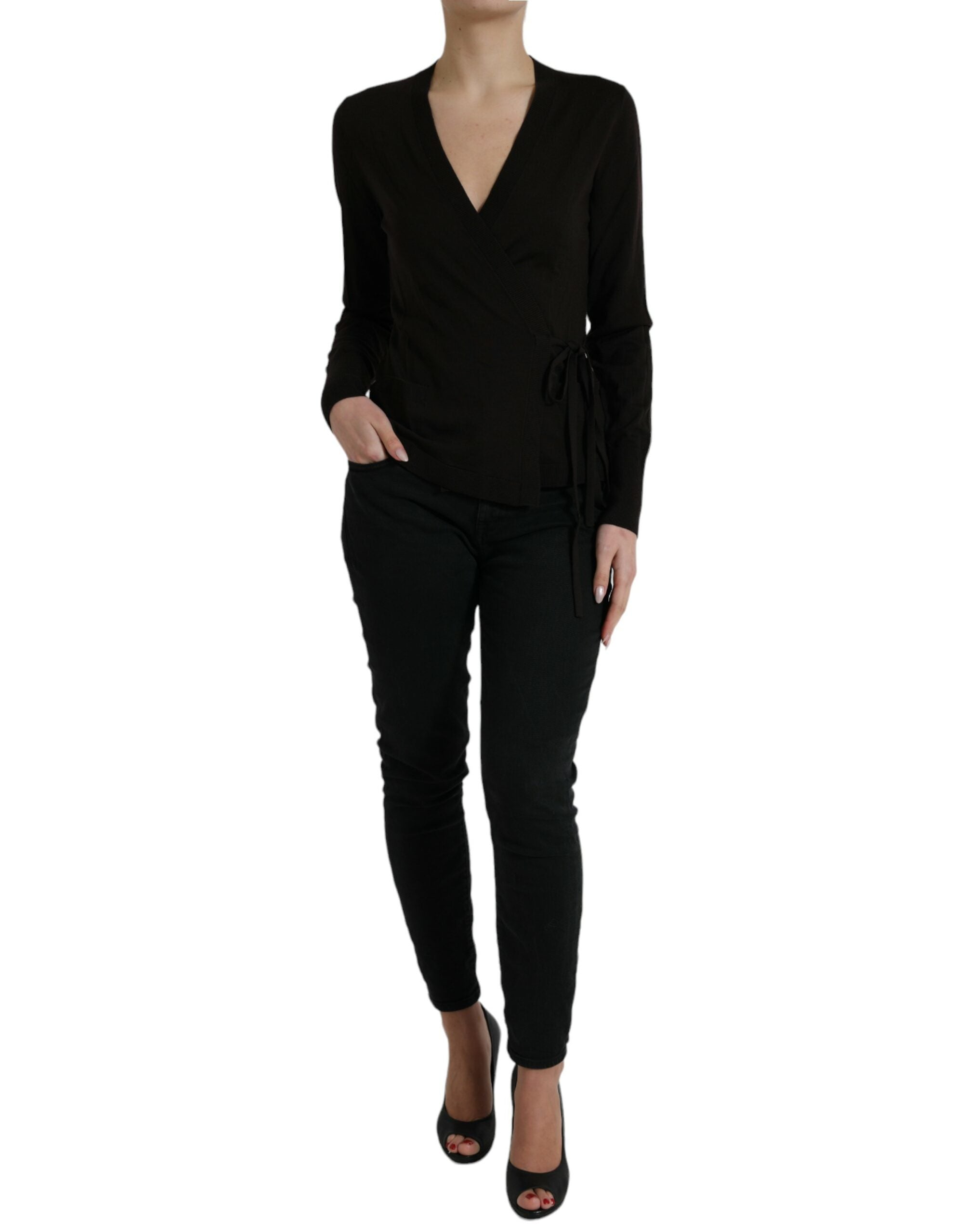 Virgin Wool Wrap Cardigan — Black