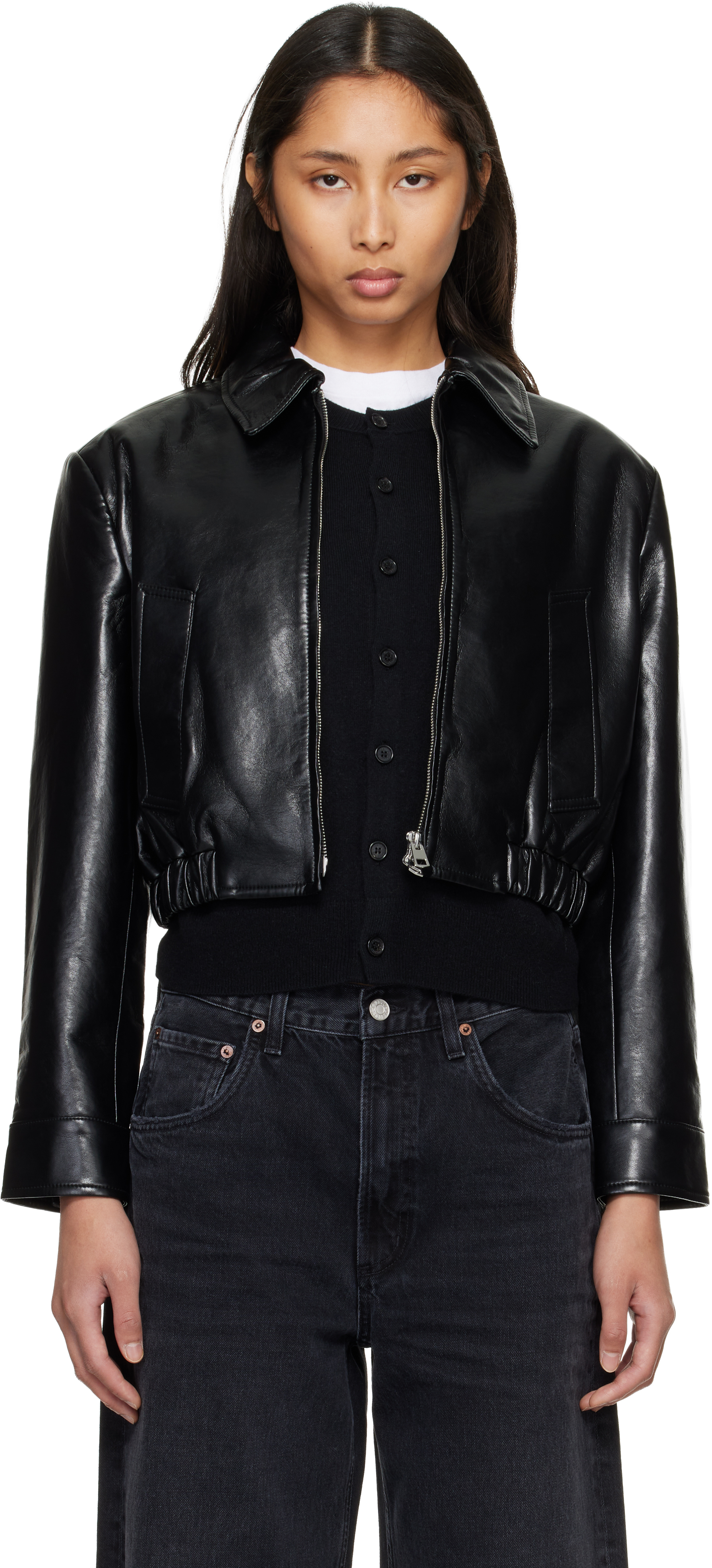 Black Nahla Cropped Recycled Leather Jacket