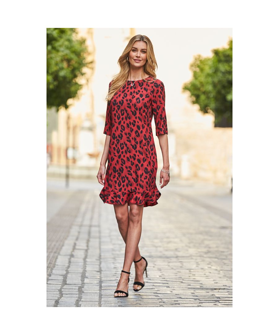 Sosandar Womens Red & Black Leopard Print Ruffle Hem Shift Dress - Animal - 6 Regular
