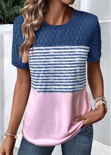 Modlily Peacock Blue Lace Striped Short Sleeve T Shirt