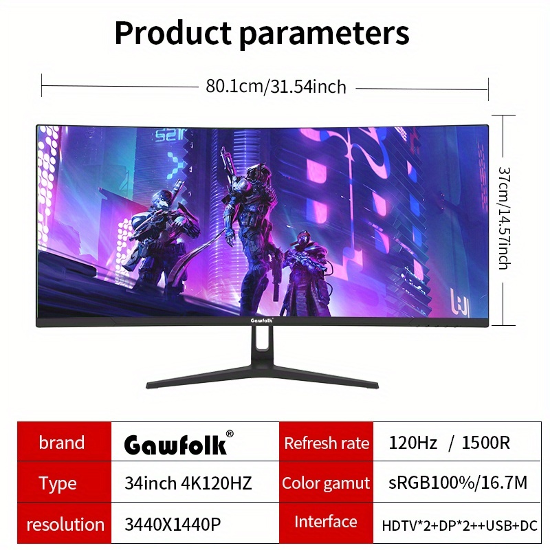TEMU 34-inch Curved 120hz Gaming Curved Pc Monitor With 1500r Pc Screen 21:9 Uwqhd 3440x1440, No Speakers, 178° Viewing Angle, Hdtv, Display Port