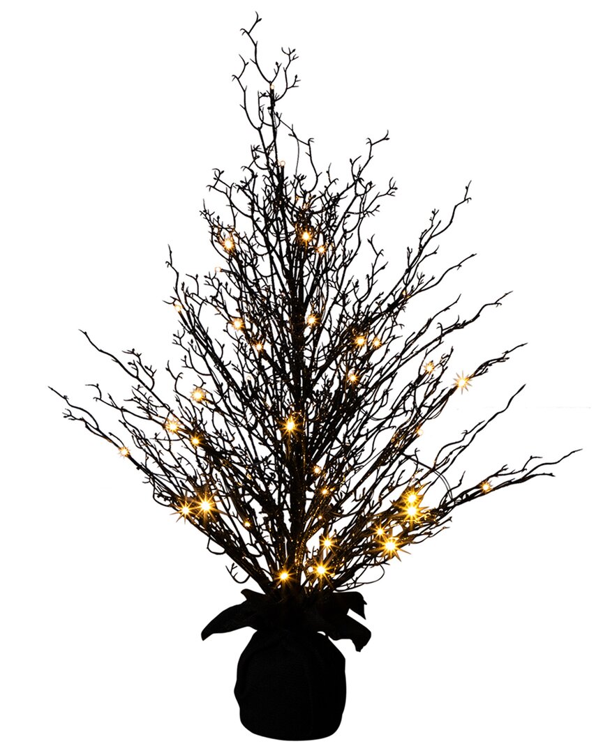 3ft Pre-Lit Halloween Black Twig Artificial Fall Tree In Burlap  Planter With 52 Warm White LED Lights