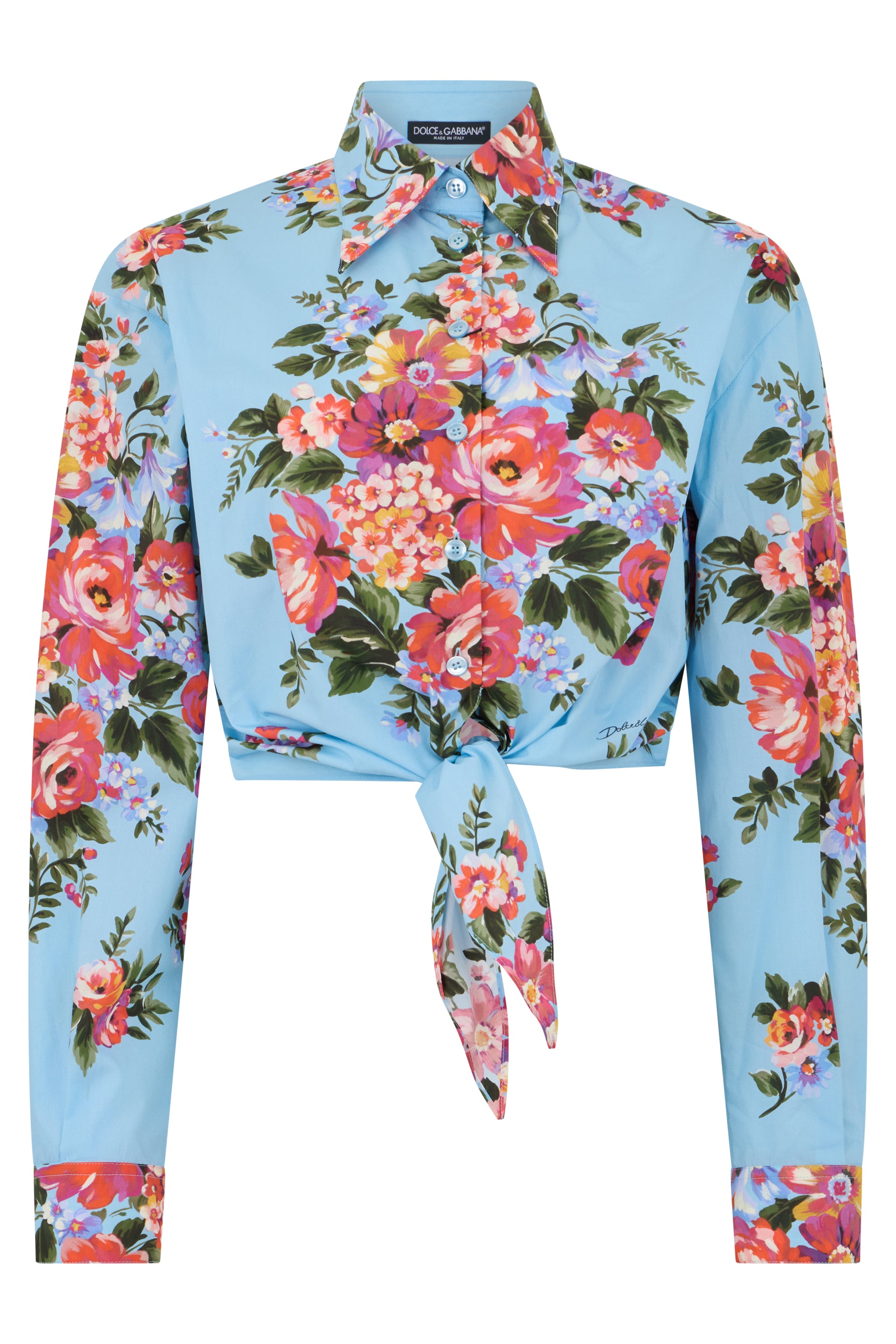 Floral Print Cotton Button-Front Shirt with Long Sleeves and Tie Detail