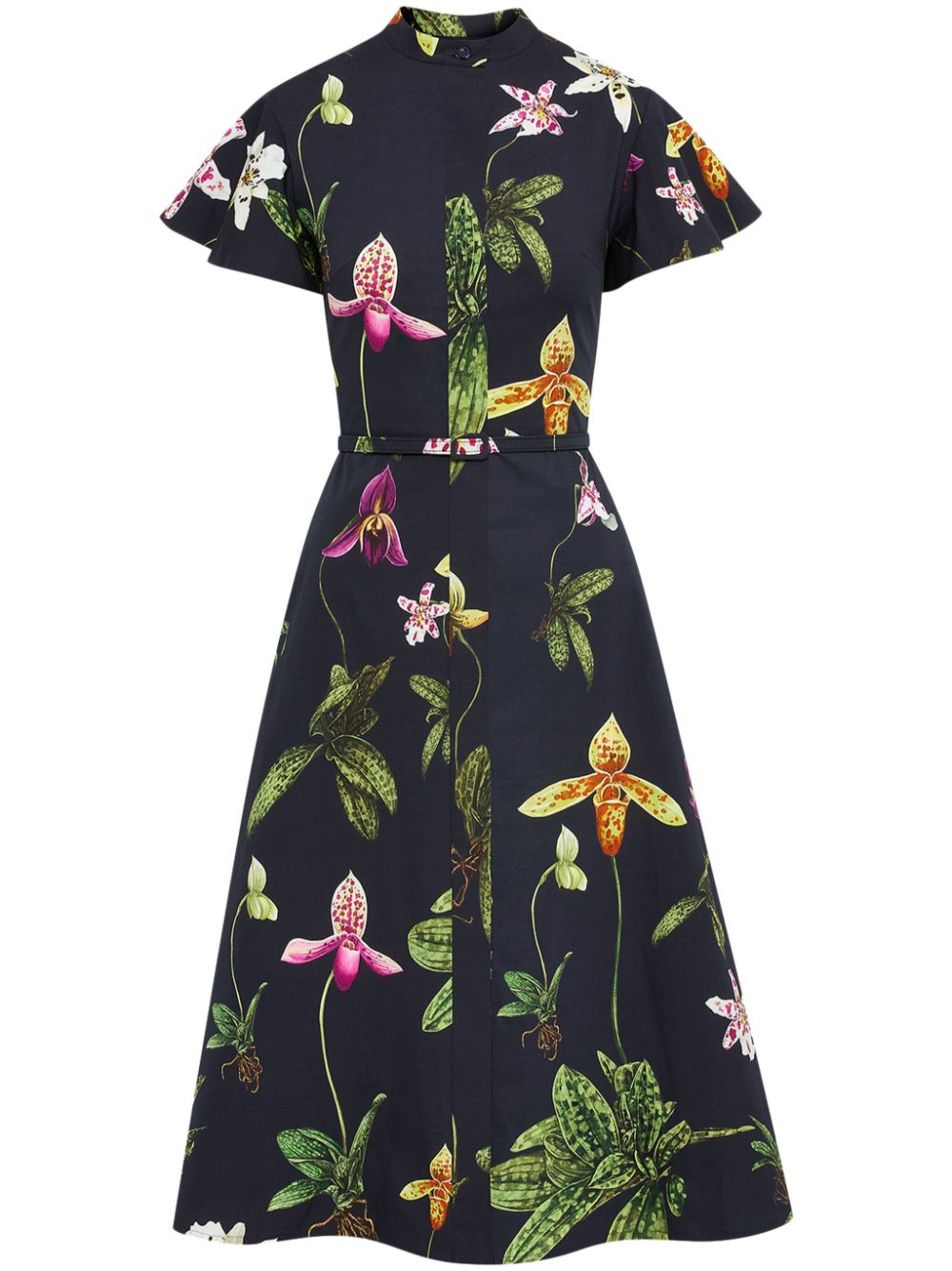 Orchid-print cotton midi dress - Blue