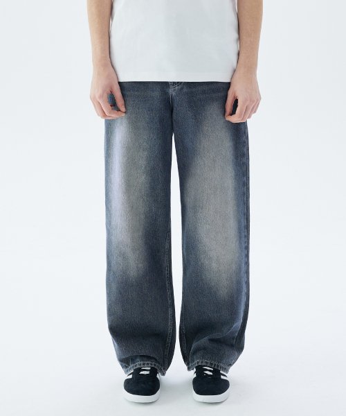 Front Washing Wide Denim Pants_BLUE GRAY