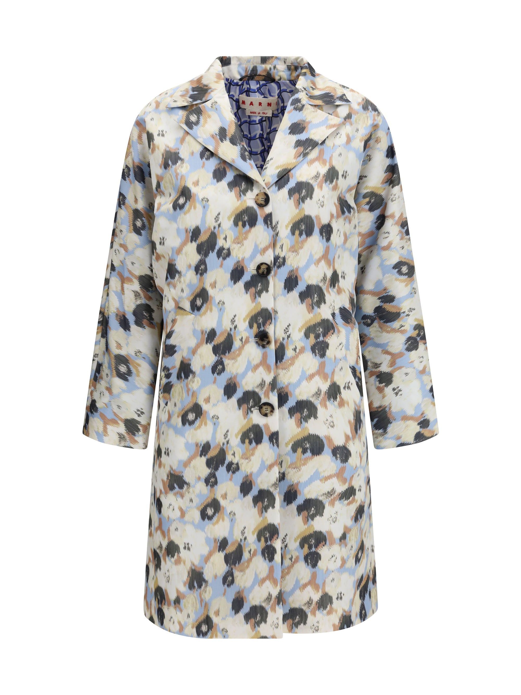 Printed Button Cocoon Coat — Blue
