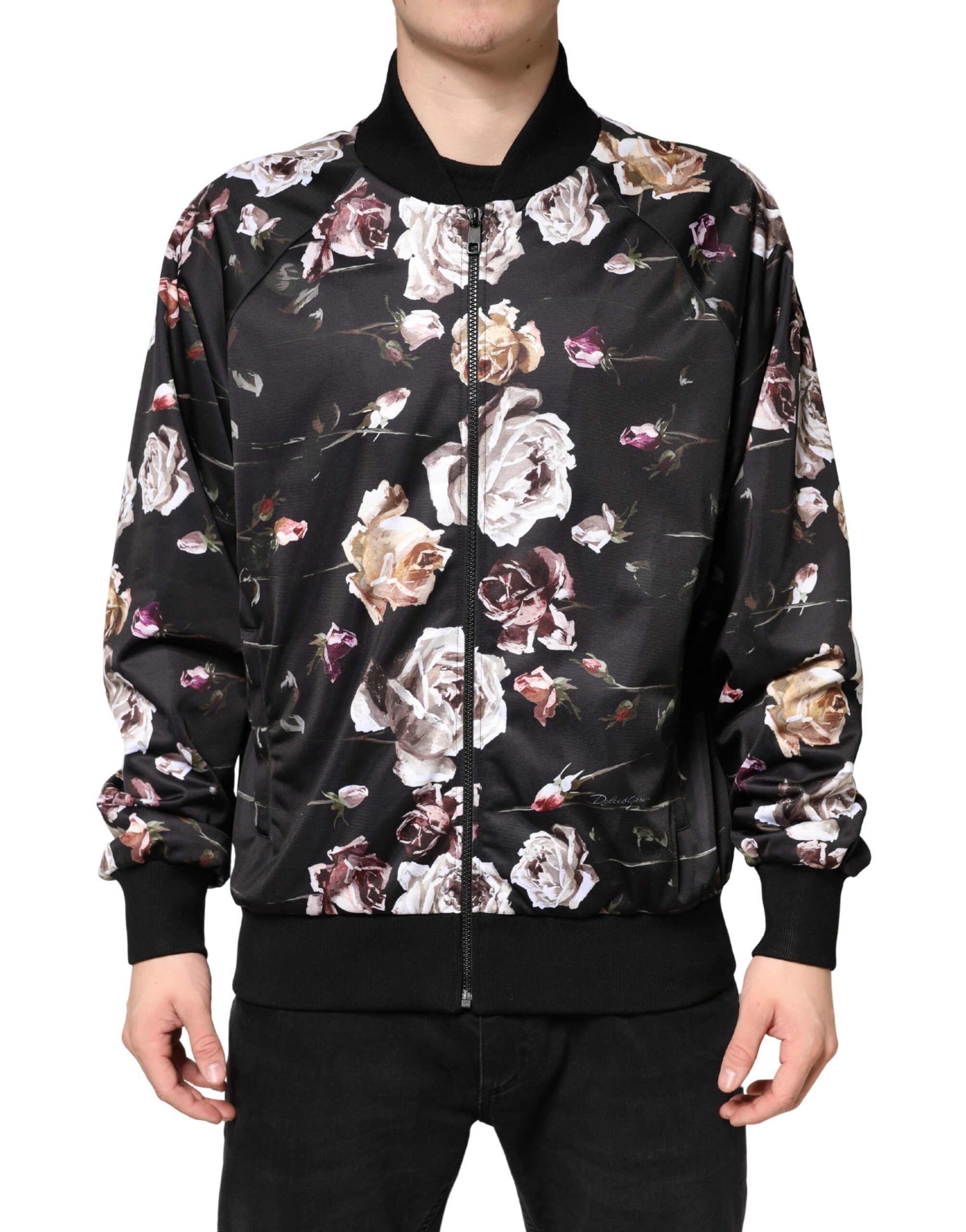 Floral-Print Polyester Bomber Jacket — Black