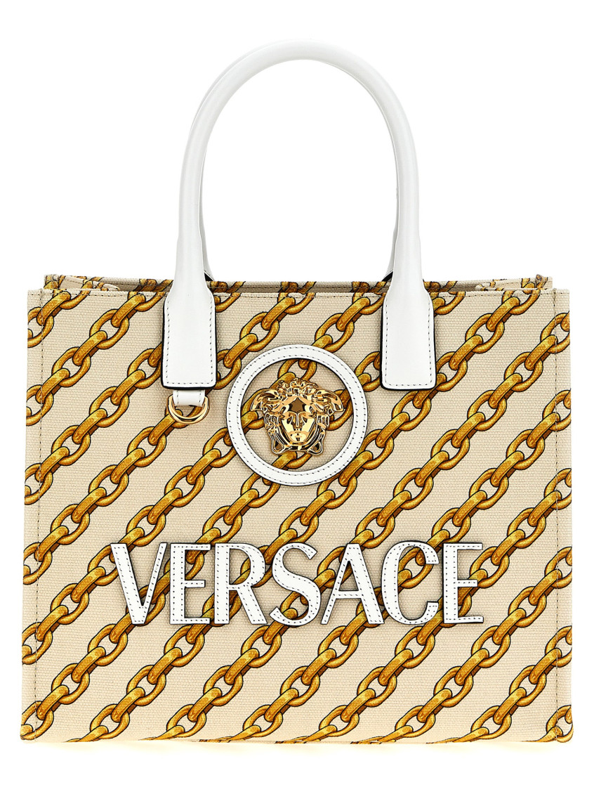 Printed Canvas Small Chain Stripes La Medusa Shopping Bag