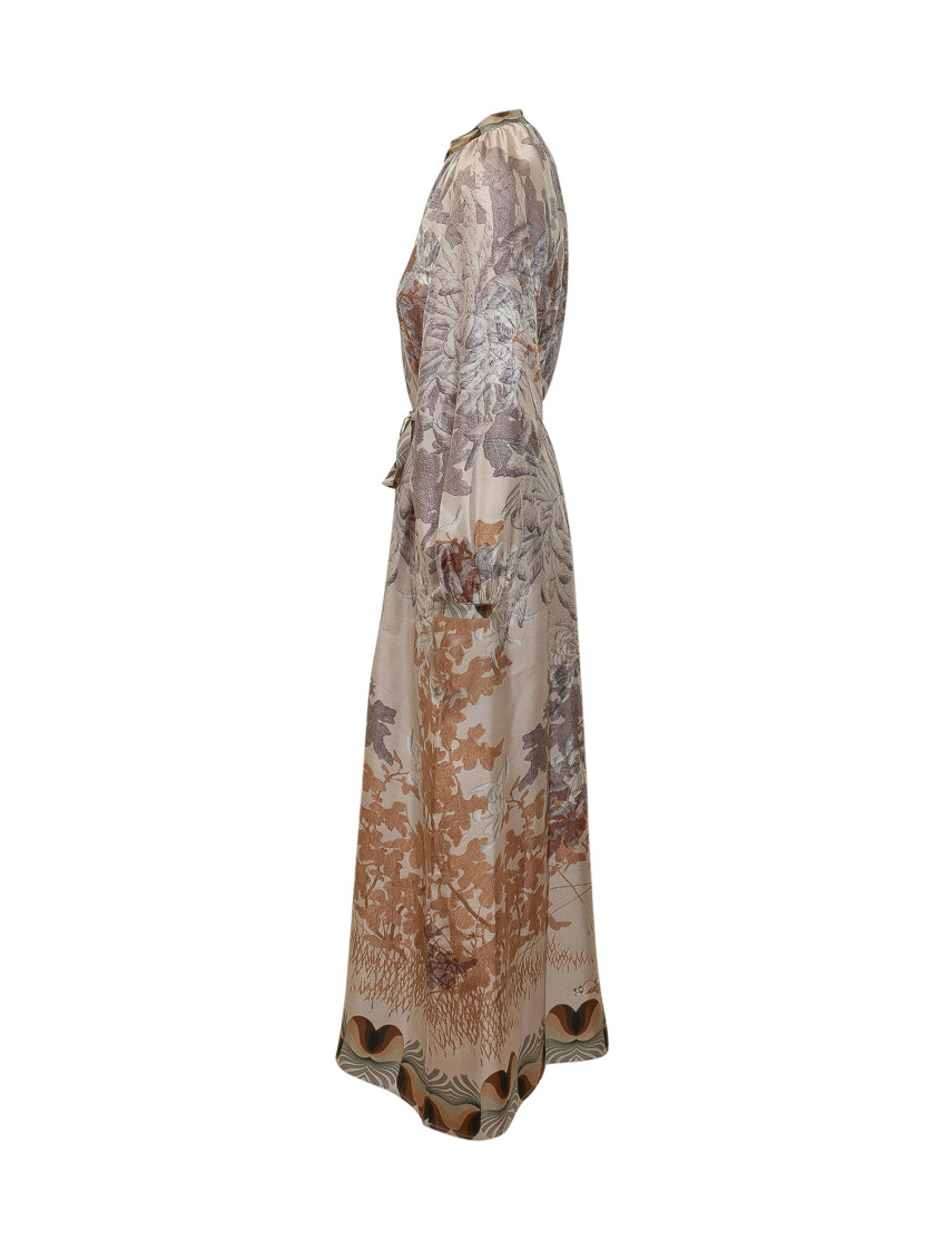 Beige Floral Mandarin Collar Maxi Dress