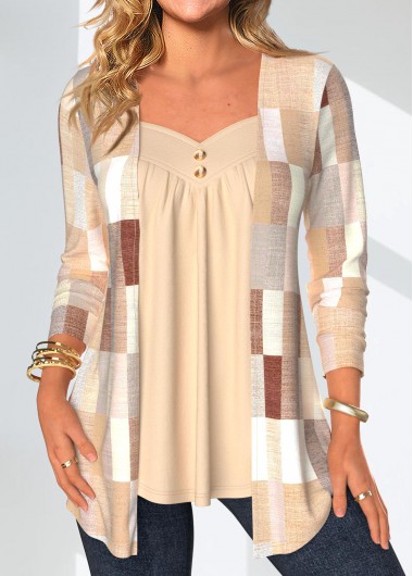 Modlily Skin Color Patchwork Geometric Print Fake Two Piece Twinset