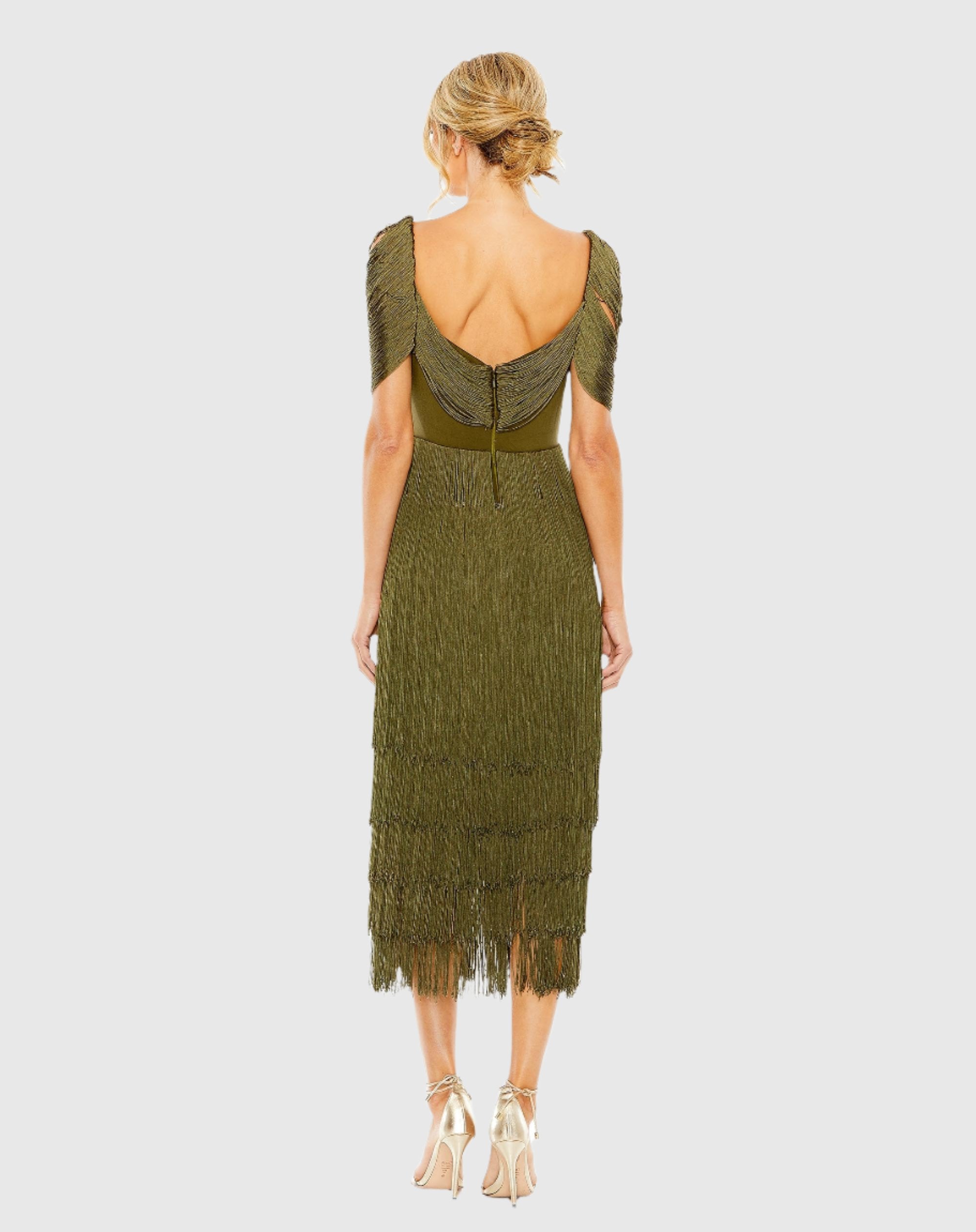 Short Sleeve Fringee Detailed Midi Dress In Olive