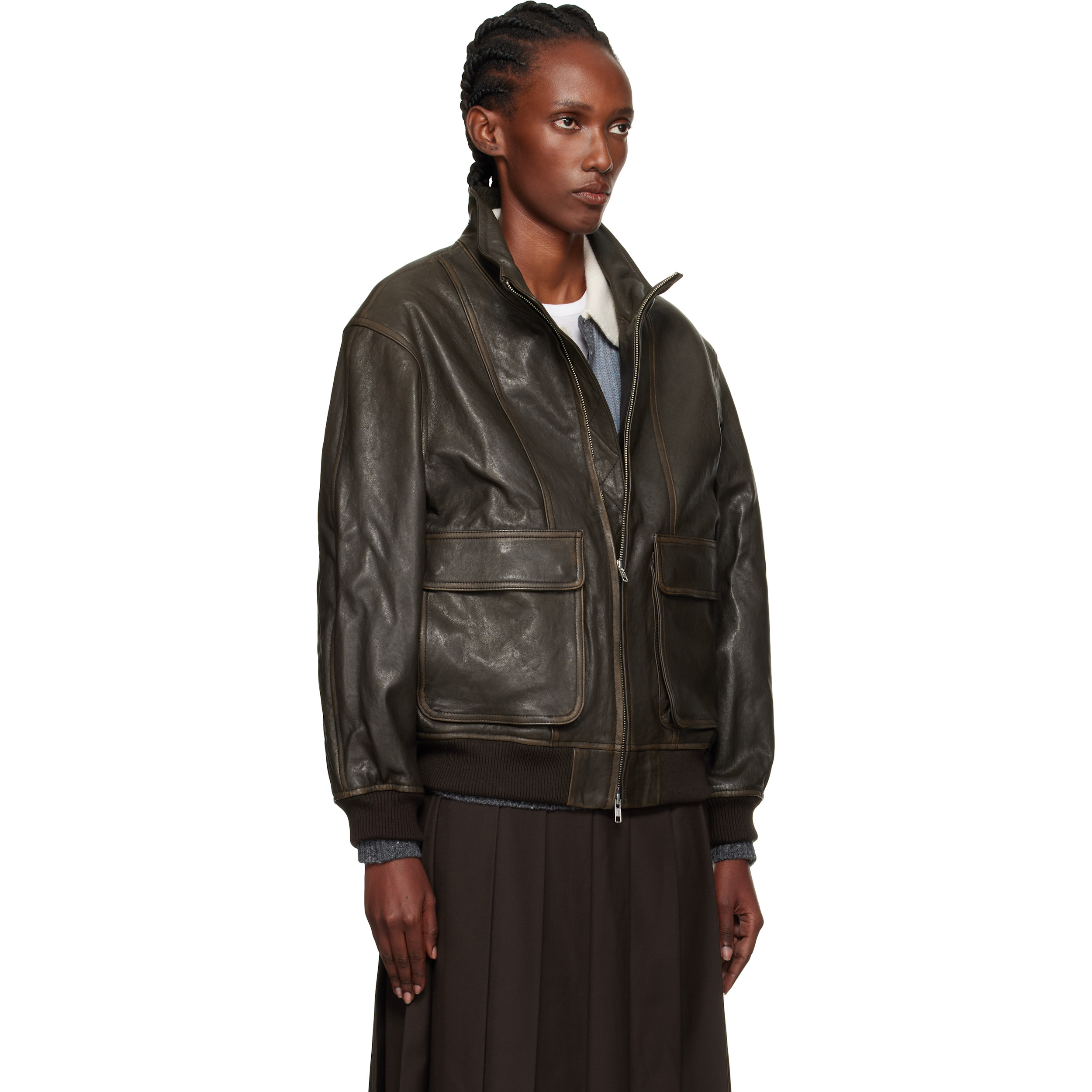 Brown Stand Collared Leather Jacket