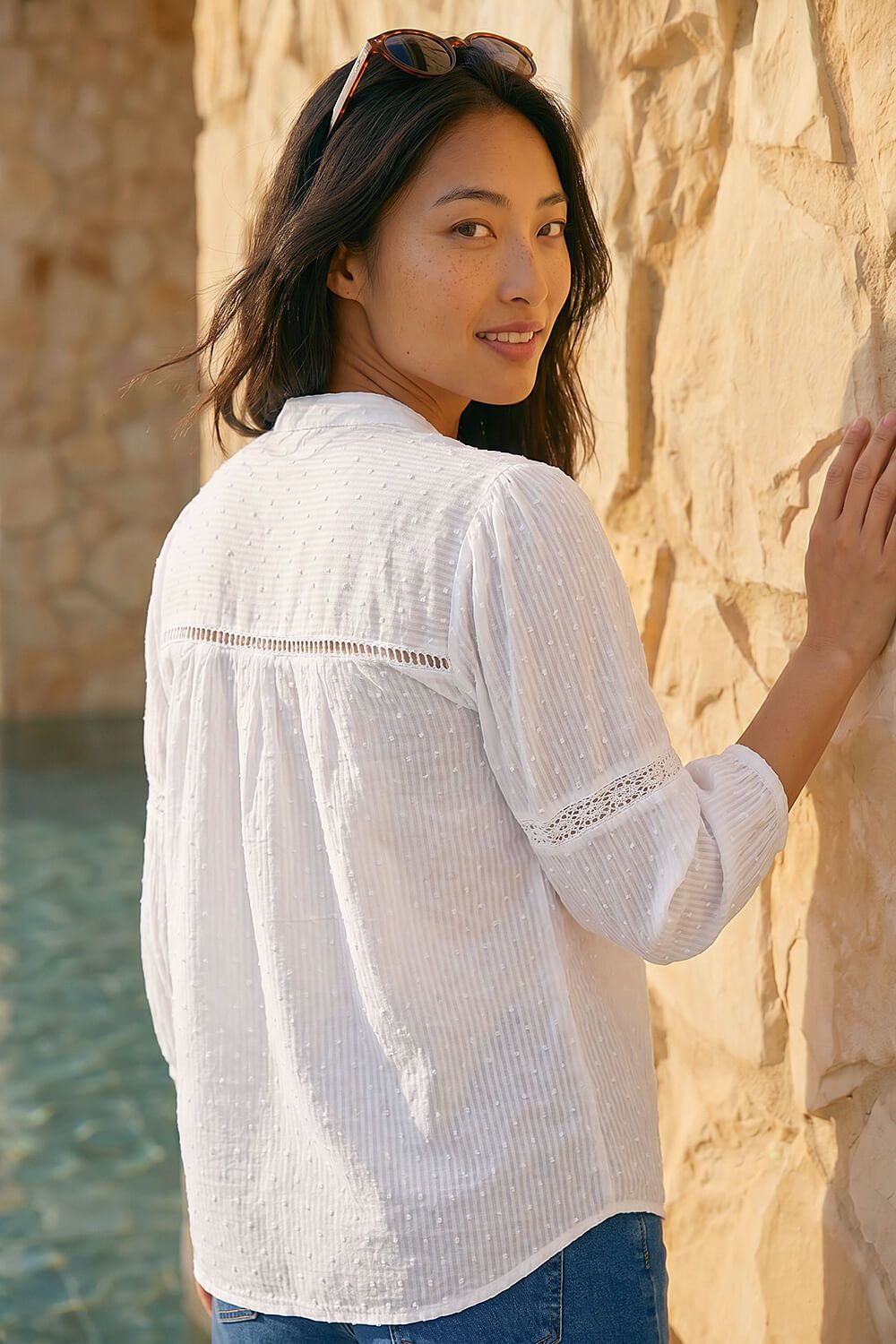 Roman Petite Dobby Lace Trim Blouse In White