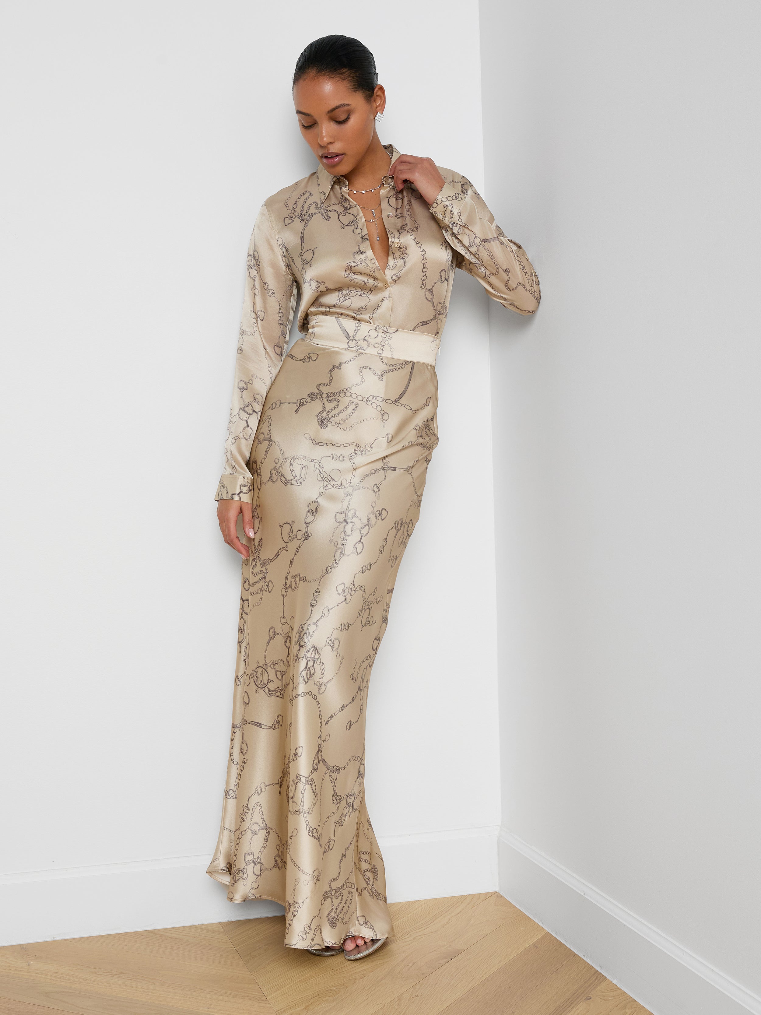 Ryker Silk Maxi Skirt In Soft Macadamia Multi Small Horsebit Chain
